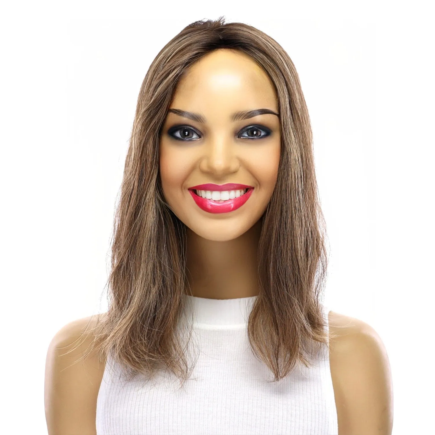 14" Emerald Silk Top Topper Medium Brown w/ Highlights Slightly Wavy