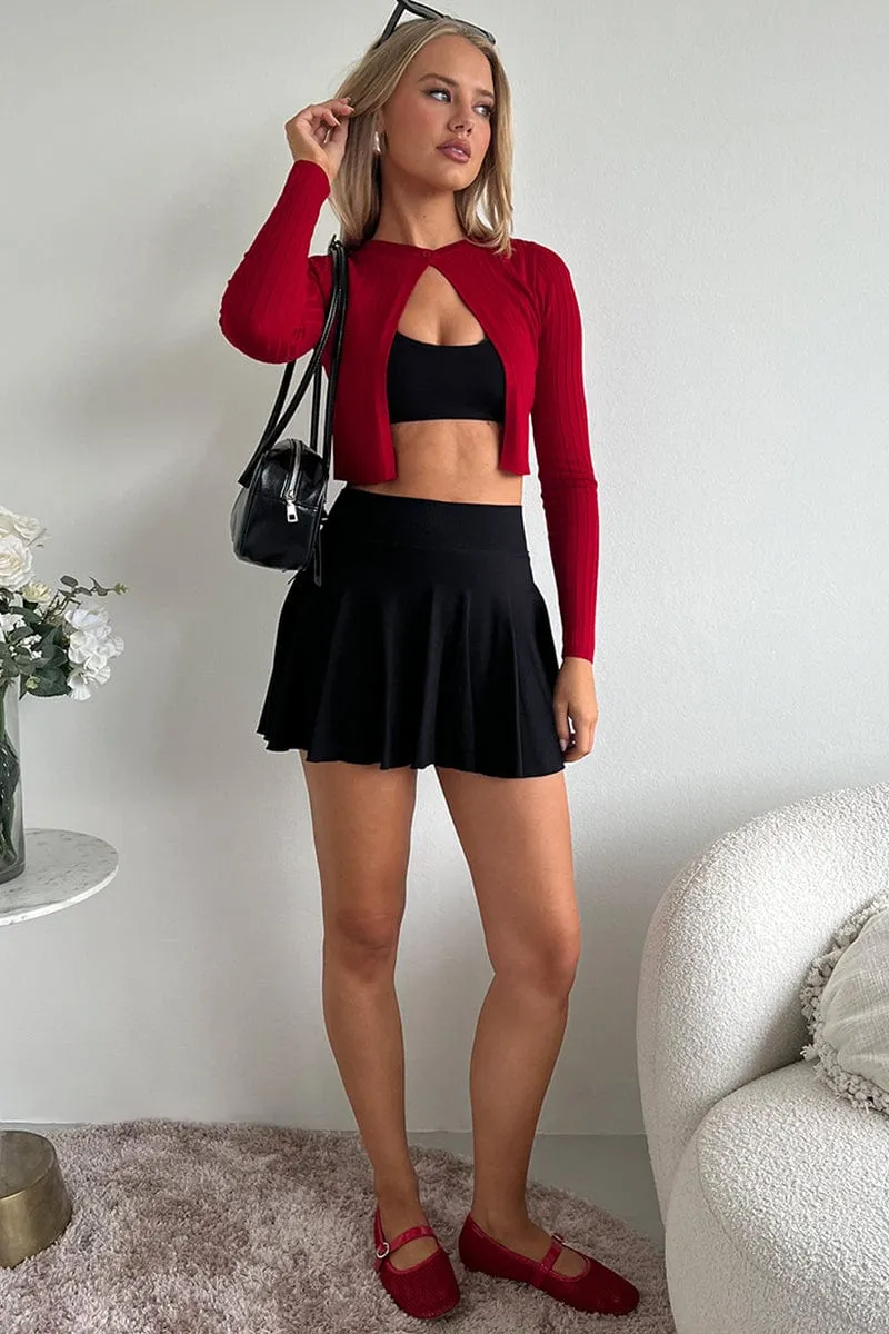 Black Seamless Flare Skort Elastic Waist Lined