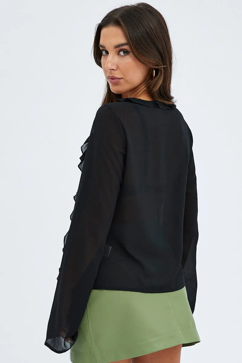 Black Tie Front Top Long Sleeve V Neck Ruffled Frills
