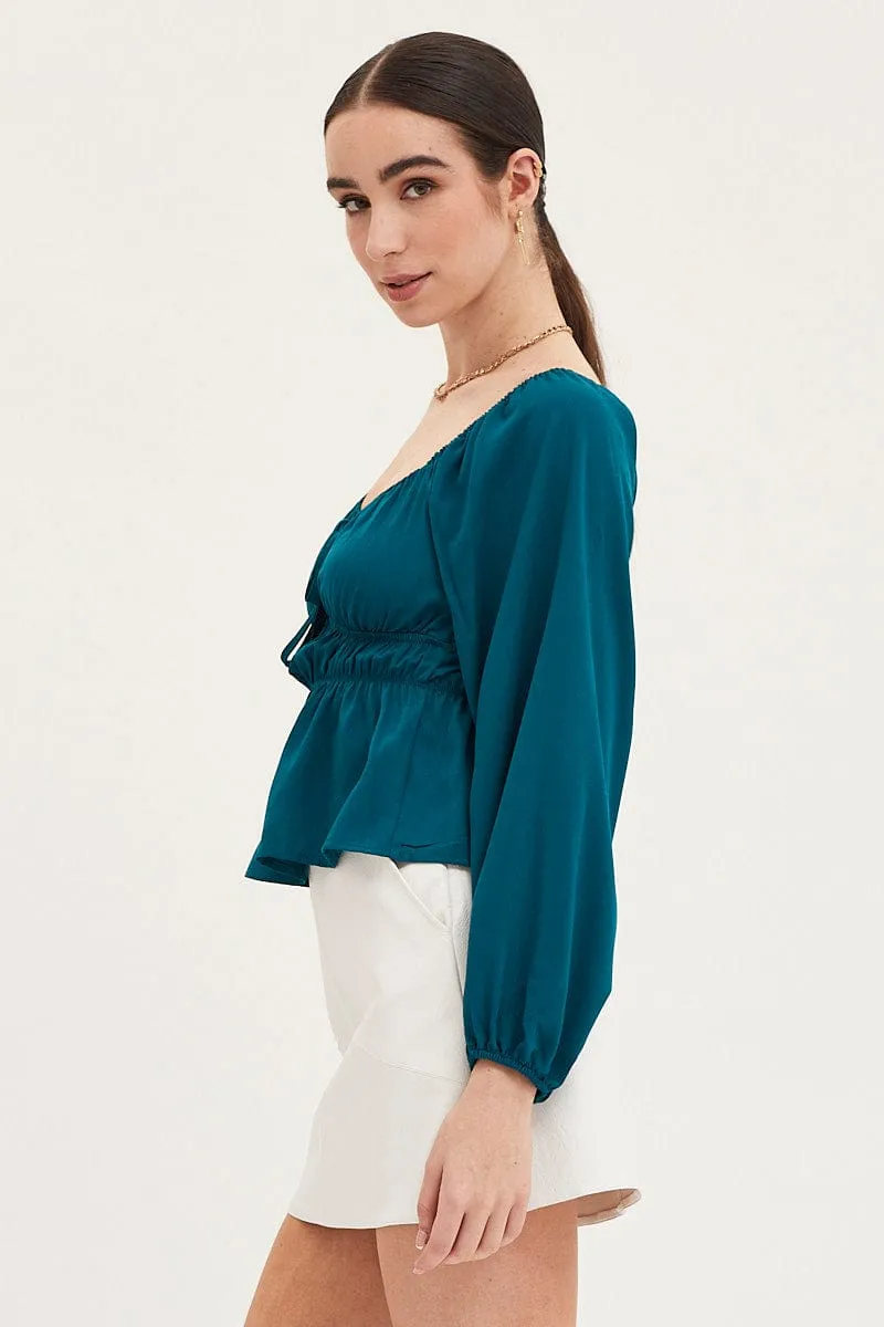 Blue Peplum Top Long Sleeve Ruched Front