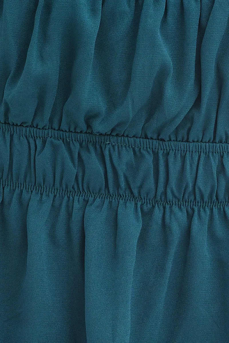 Blue Peplum Top Long Sleeve Ruched Front