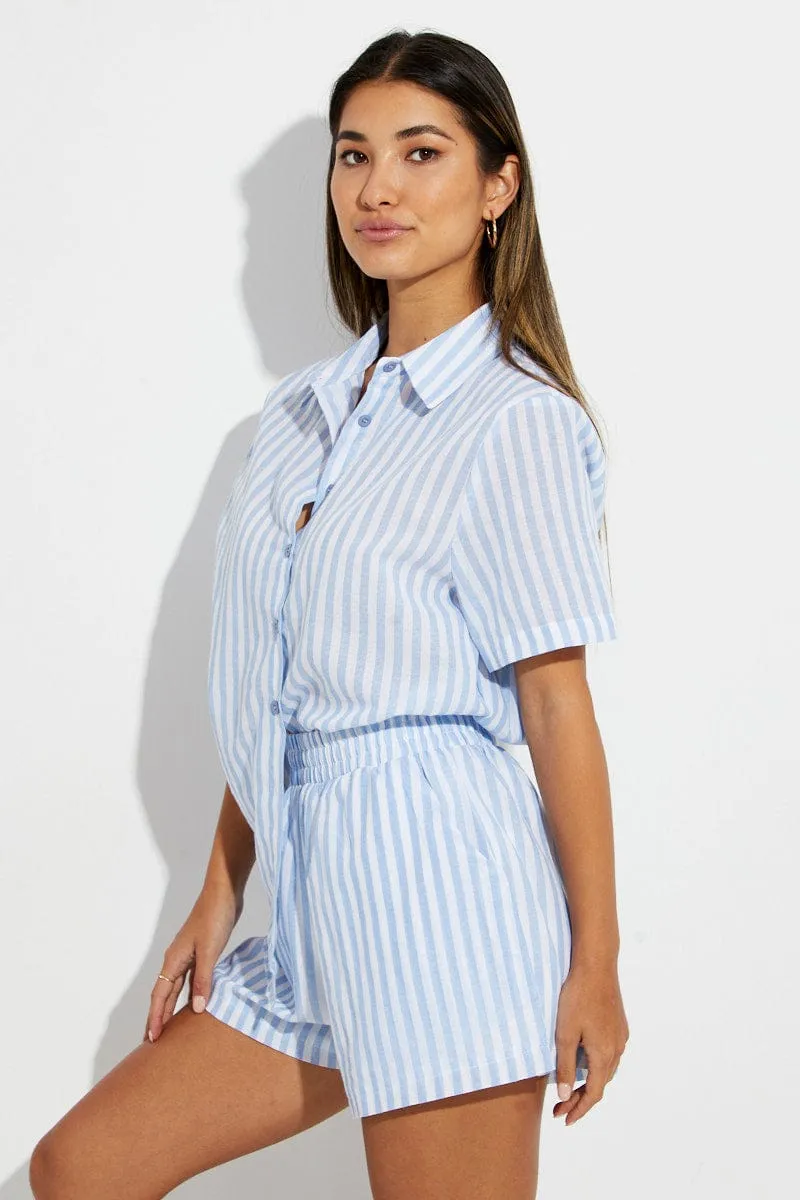 Blue Stripe Mini Shorts High Rise Cotton Blend