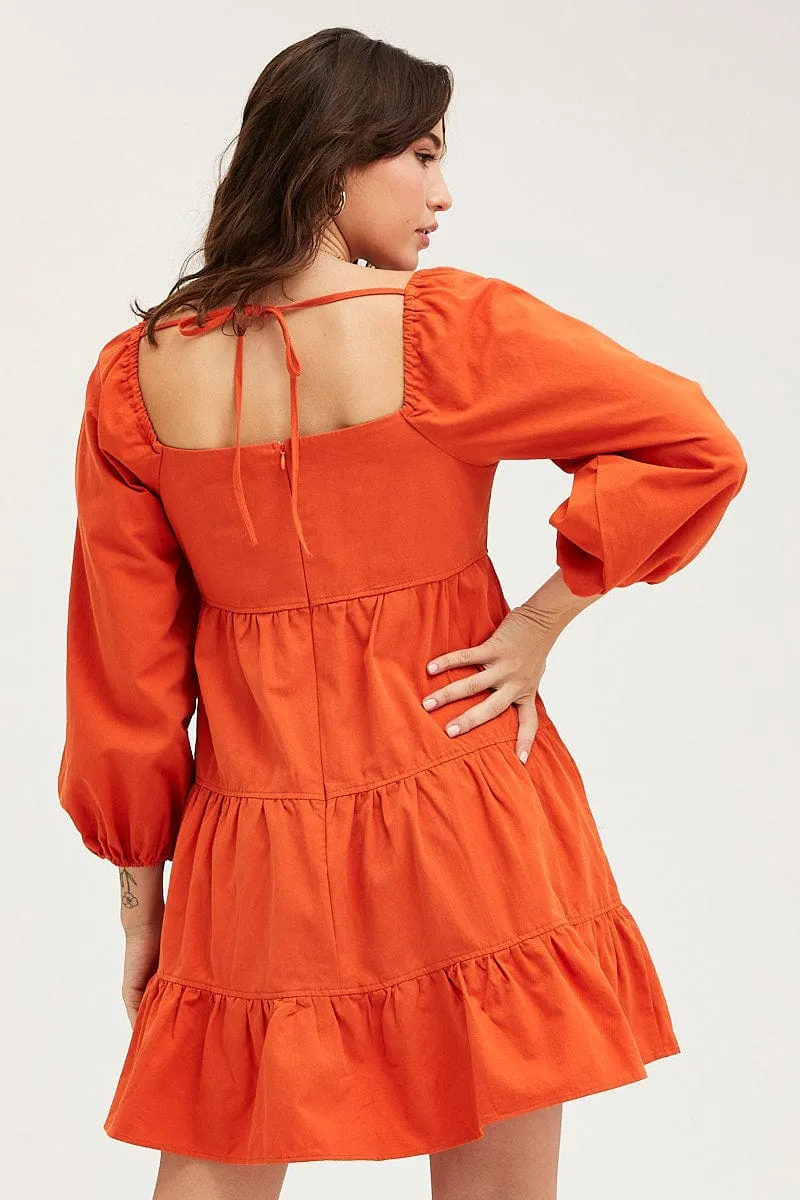 Brown Tiered Dress Long Sleeve Mini