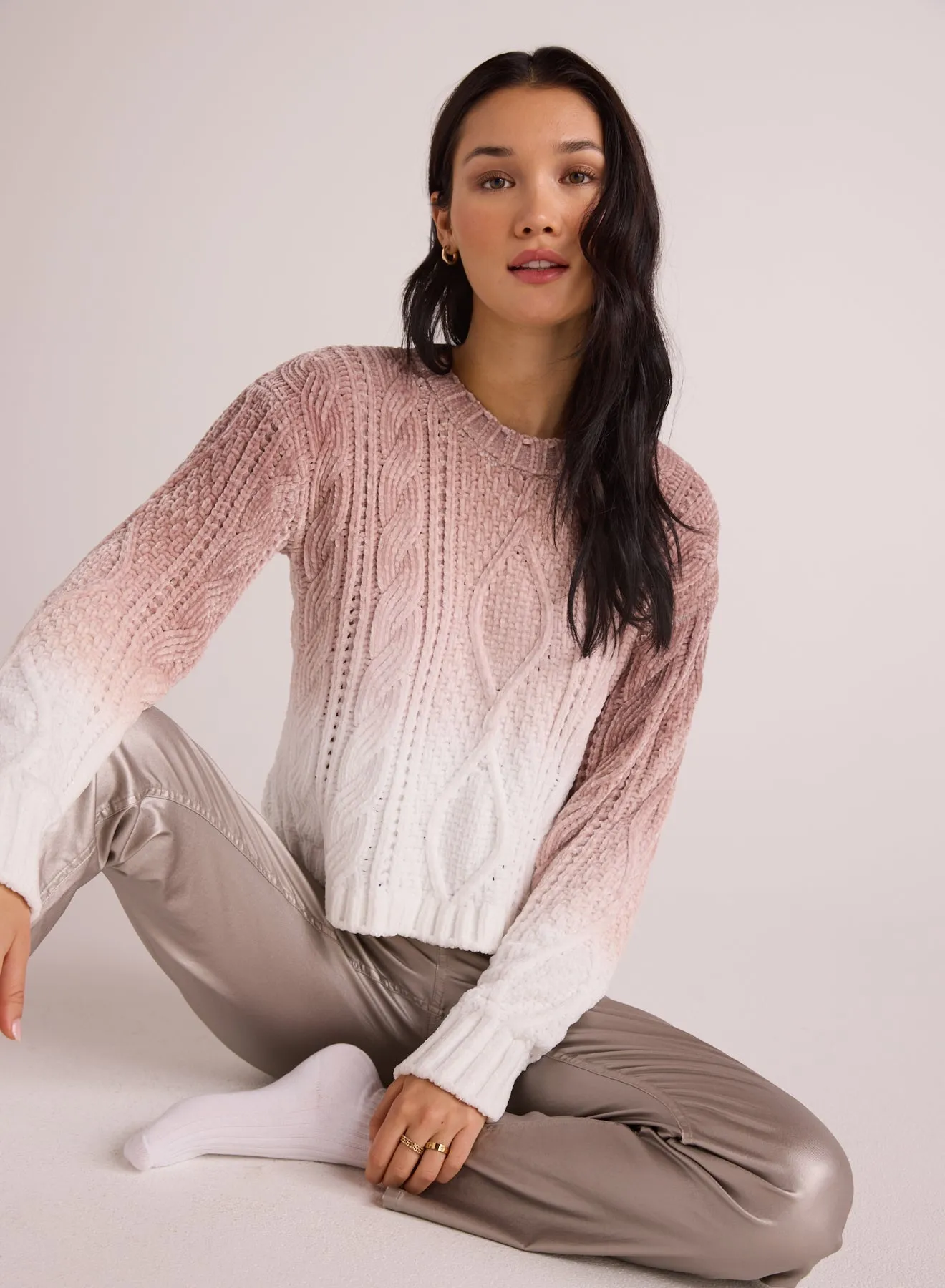 Cable Crew Neck Sweater - Mocha Ombre Dye