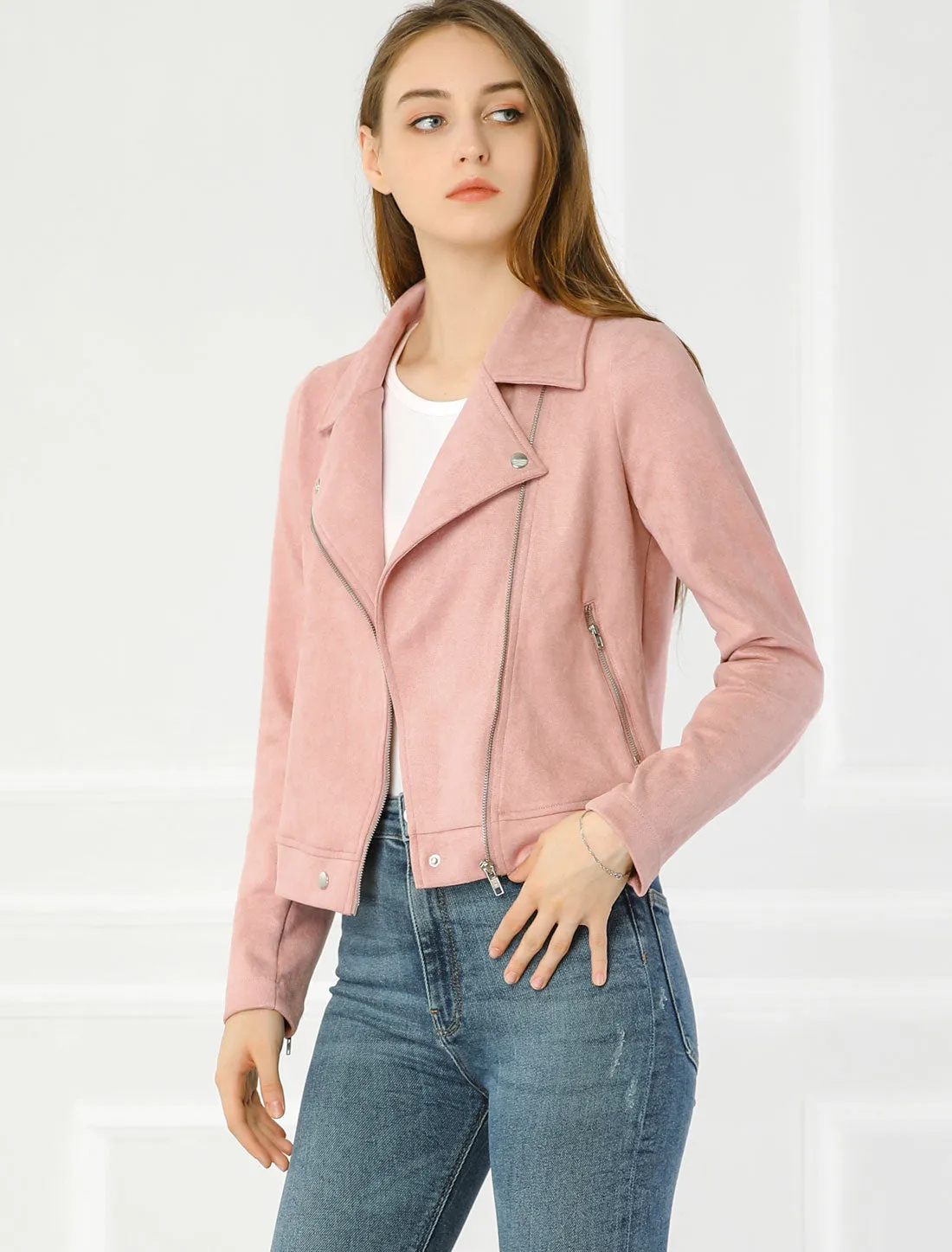 Casual Short Soft Zip Up Faux Suede Biker Moto Jacket