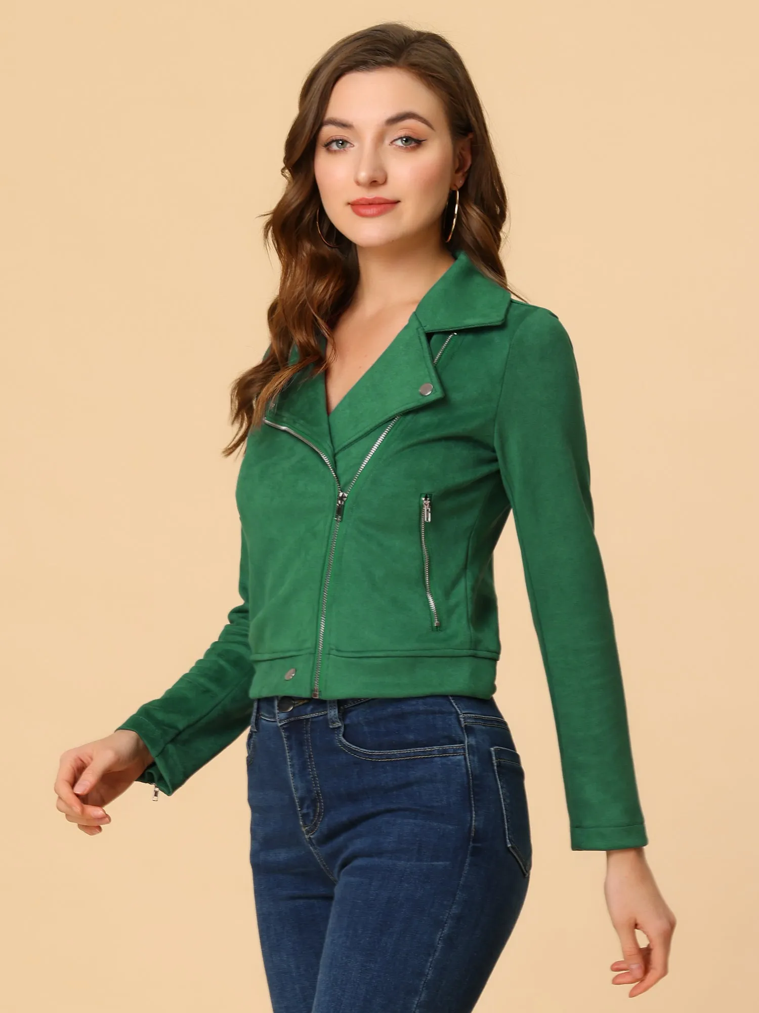 Casual Short Soft Zip Up Faux Suede Biker Moto Jacket