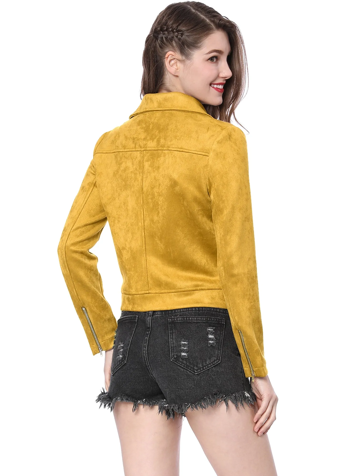 Casual Short Soft Zip Up Faux Suede Biker Moto Jacket