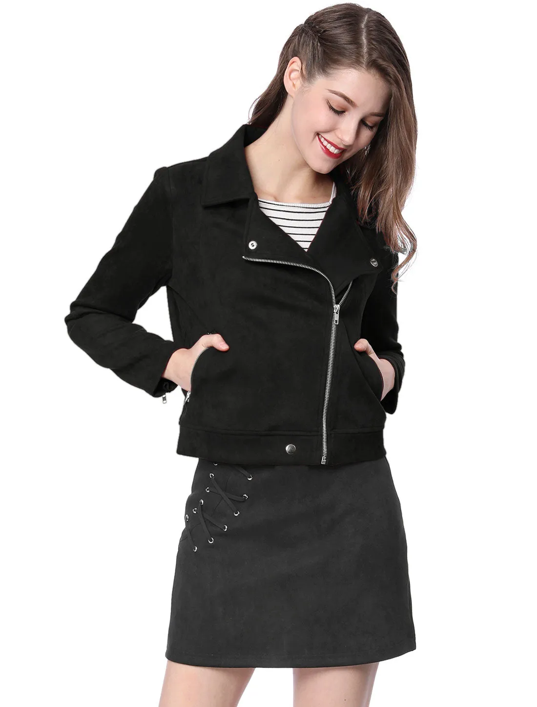 Casual Short Soft Zip Up Faux Suede Biker Moto Jacket