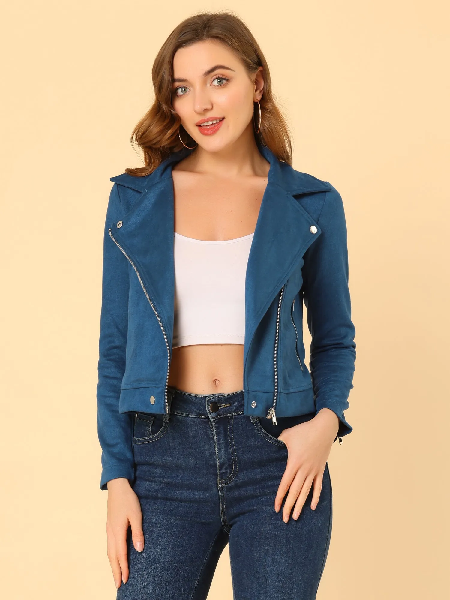 Casual Short Soft Zip Up Faux Suede Biker Moto Jacket