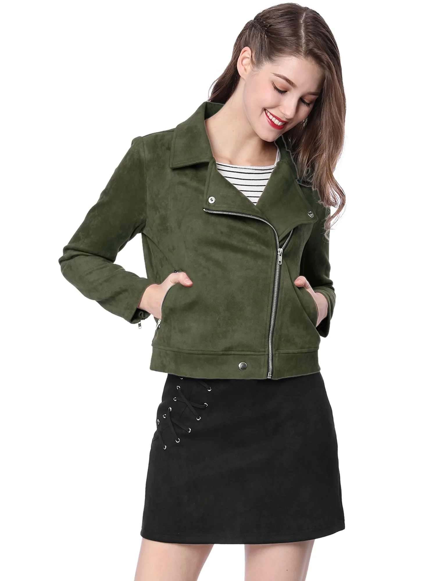 Casual Short Soft Zip Up Faux Suede Biker Moto Jacket