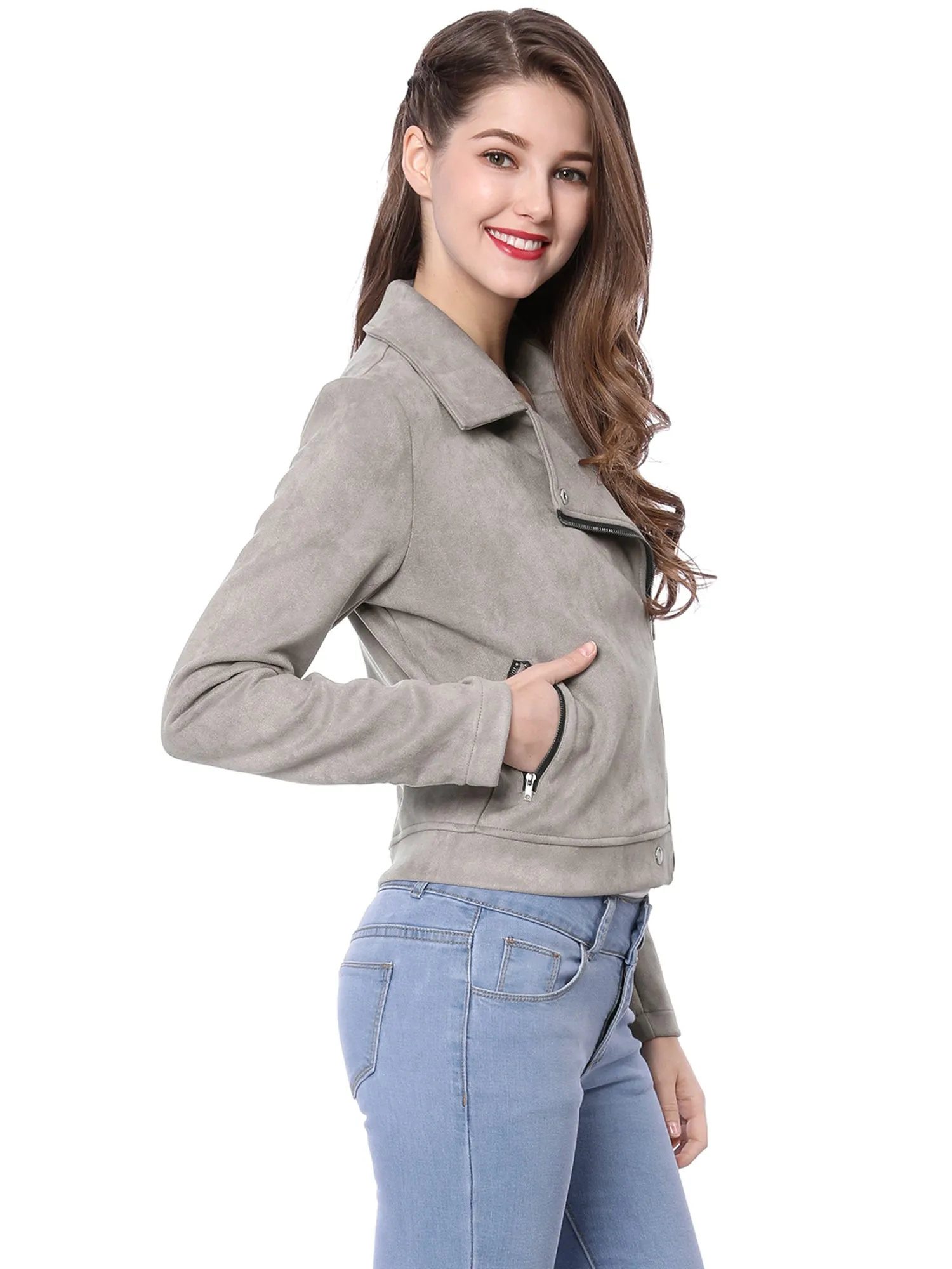 Casual Short Soft Zip Up Faux Suede Biker Moto Jacket