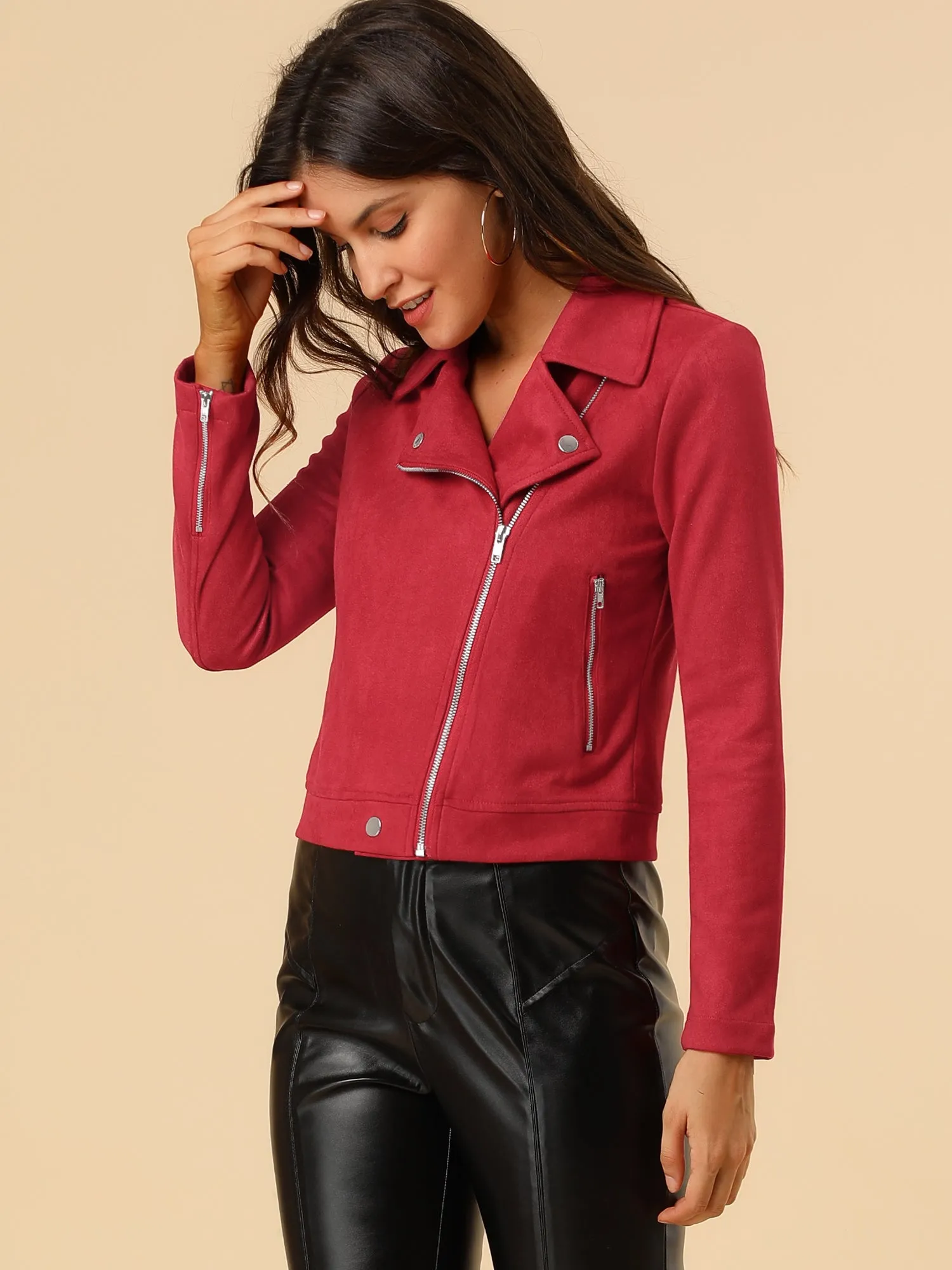 Casual Short Soft Zip Up Faux Suede Biker Moto Jacket