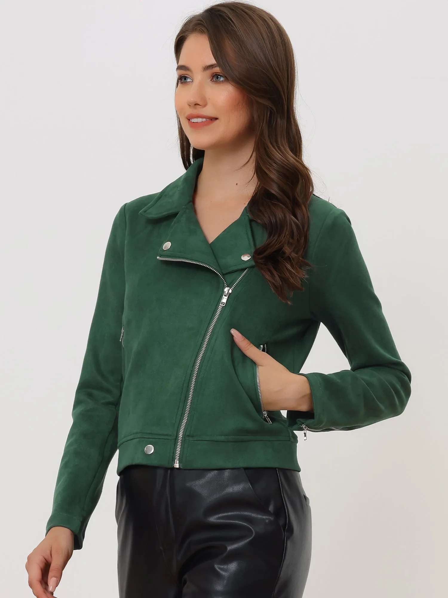 Casual Short Soft Zip Up Faux Suede Biker Moto Jacket