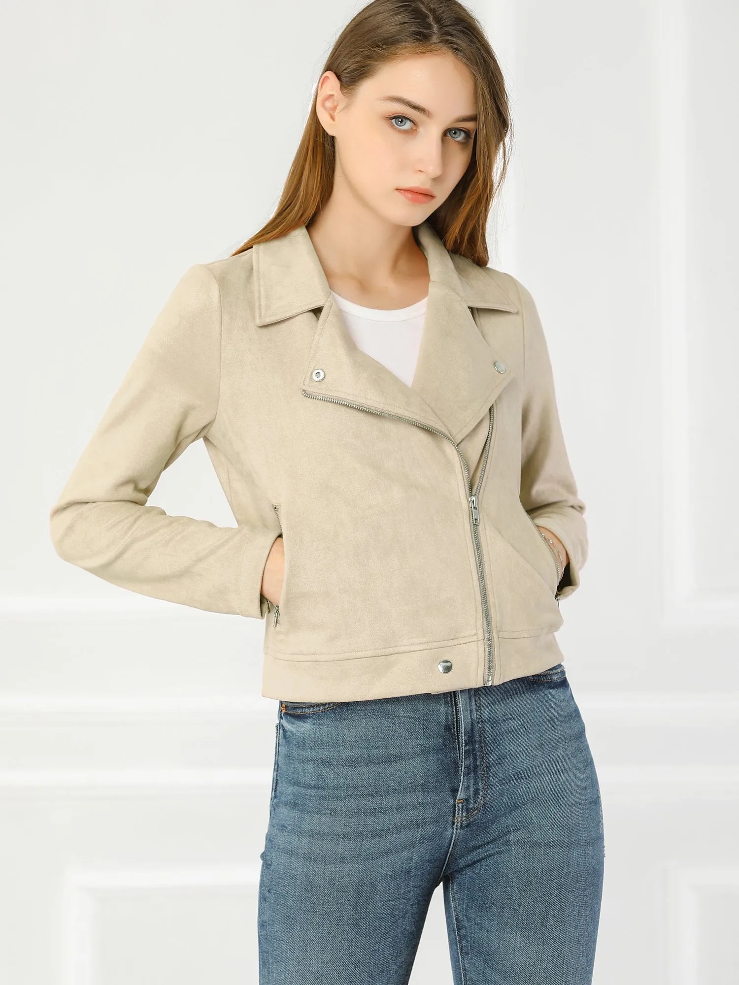 Casual Short Soft Zip Up Faux Suede Biker Moto Jacket