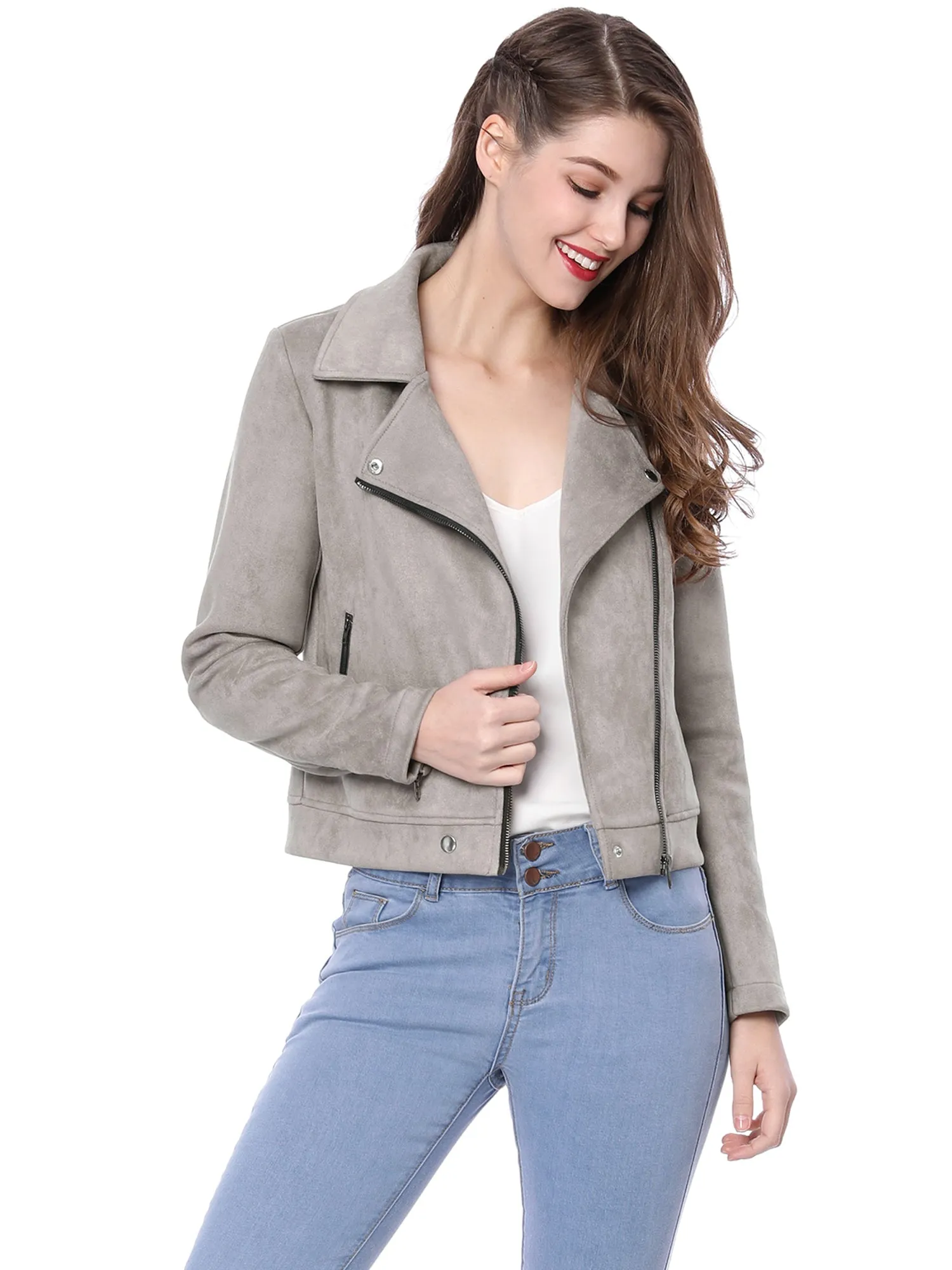 Casual Short Soft Zip Up Faux Suede Biker Moto Jacket