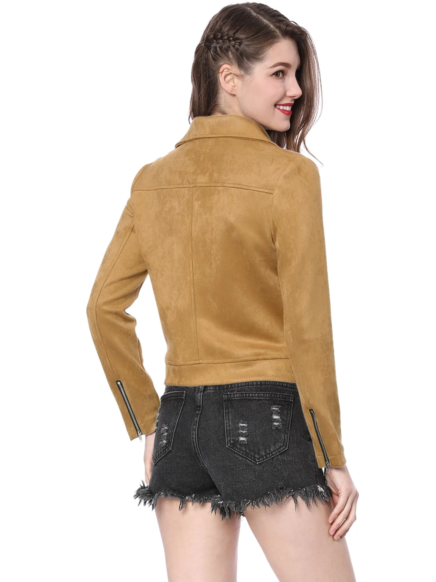 Casual Short Soft Zip Up Faux Suede Biker Moto Jacket