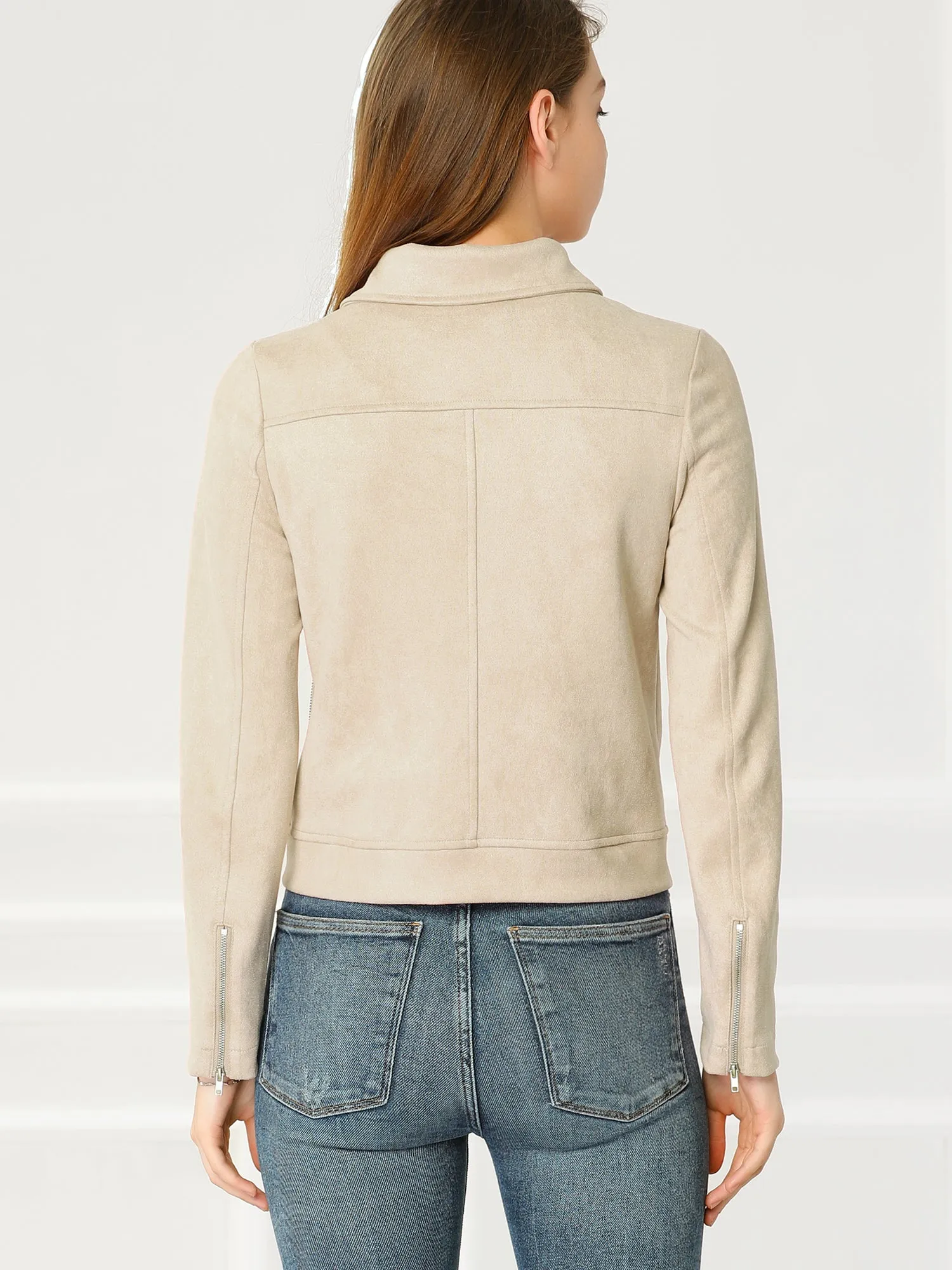 Casual Short Soft Zip Up Faux Suede Biker Moto Jacket