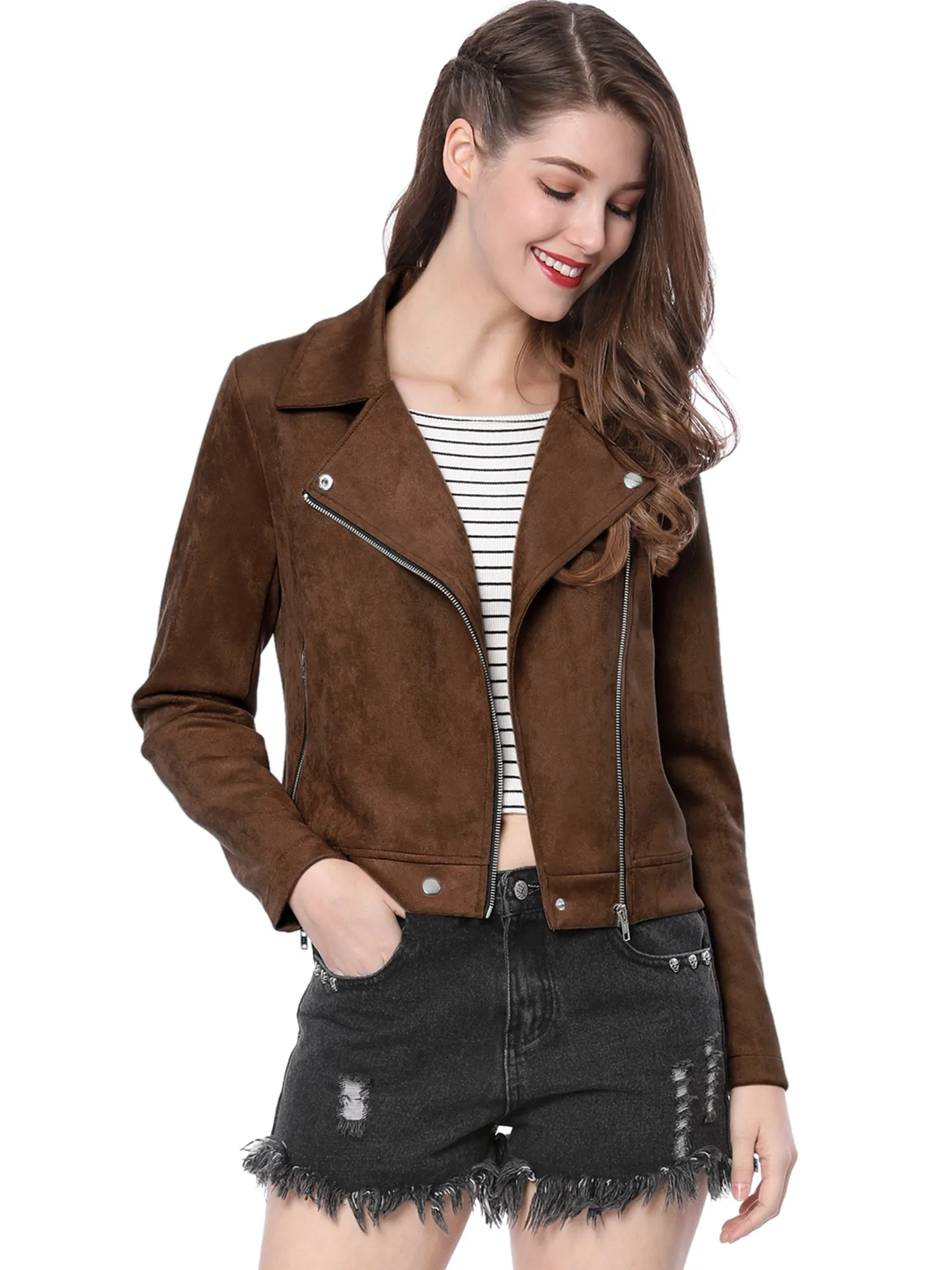 Casual Short Soft Zip Up Faux Suede Biker Moto Jacket