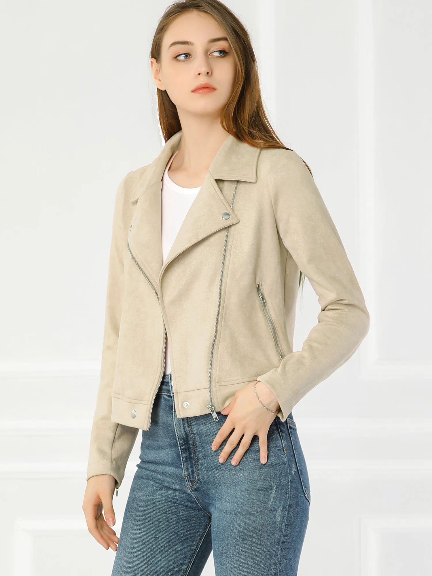 Casual Short Soft Zip Up Faux Suede Biker Moto Jacket