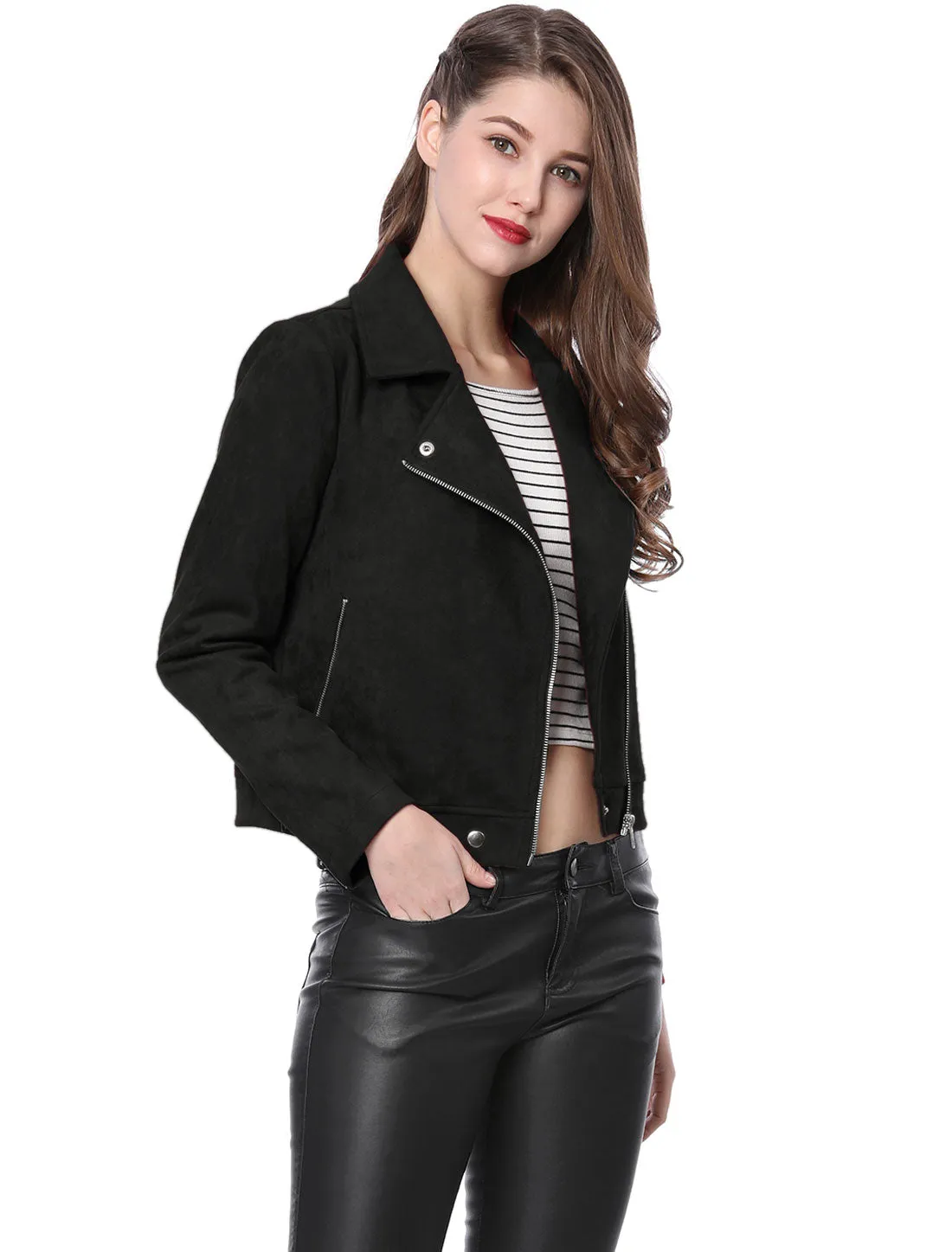 Casual Short Soft Zip Up Faux Suede Biker Moto Jacket