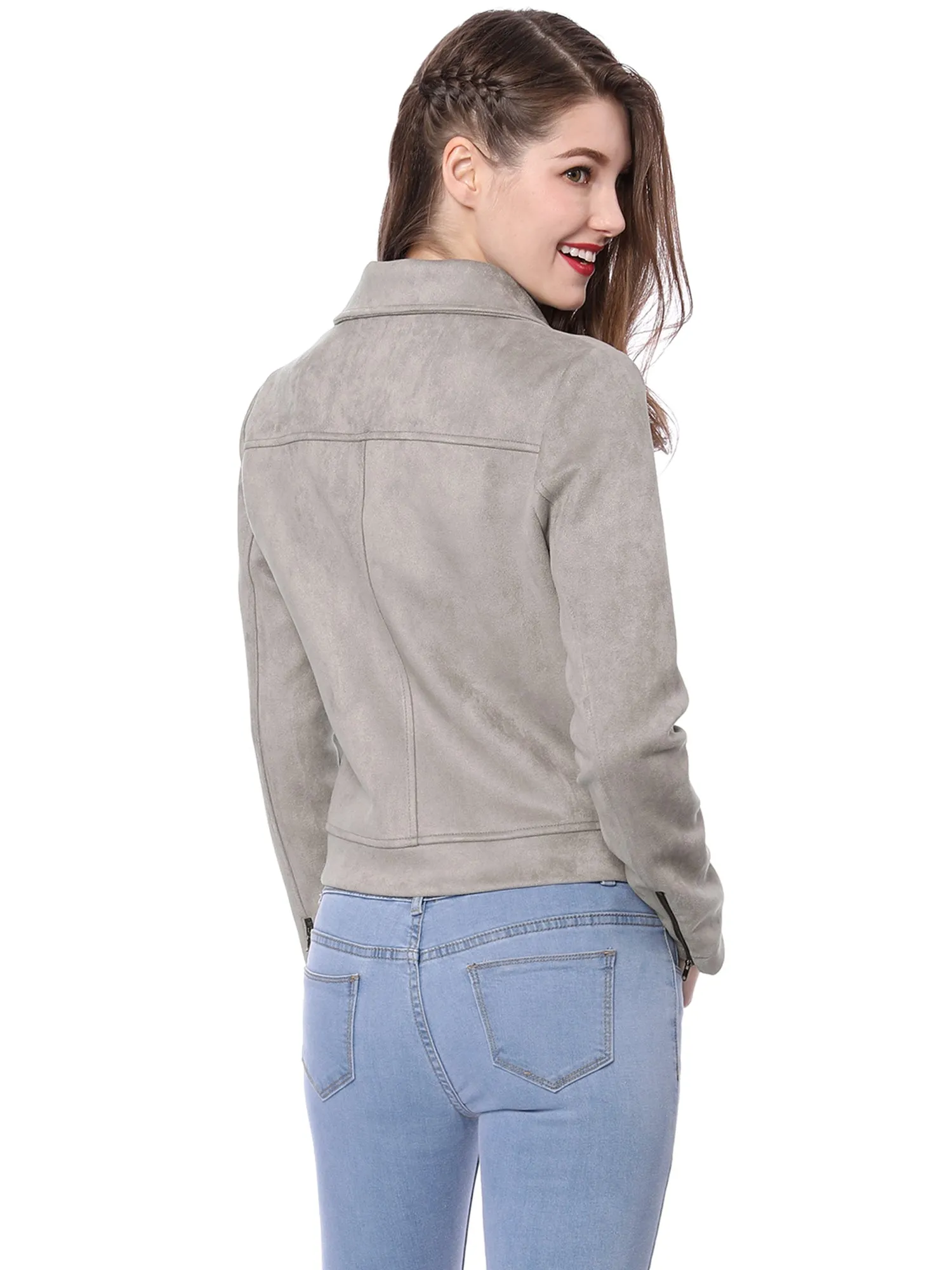 Casual Short Soft Zip Up Faux Suede Biker Moto Jacket