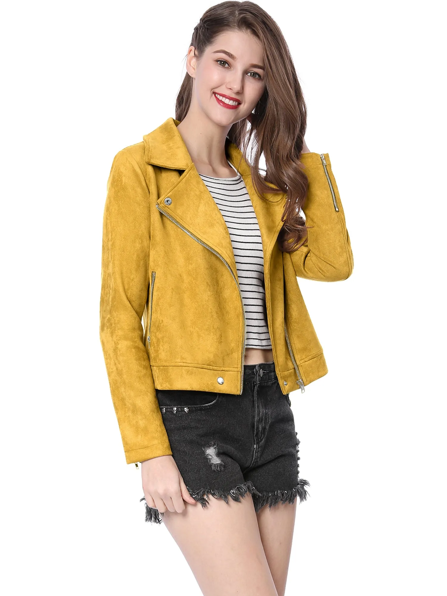 Casual Short Soft Zip Up Faux Suede Biker Moto Jacket