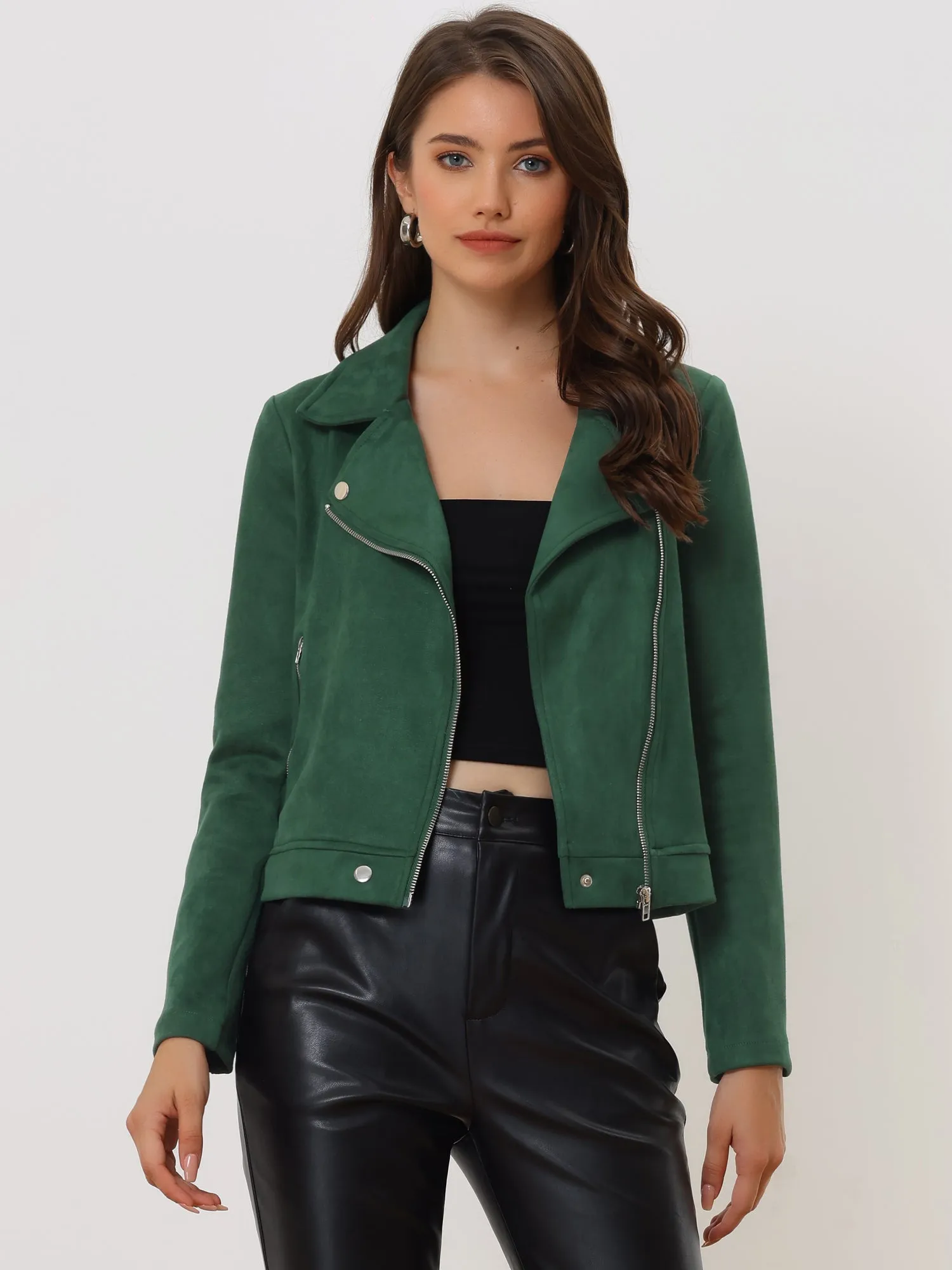 Casual Short Soft Zip Up Faux Suede Biker Moto Jacket