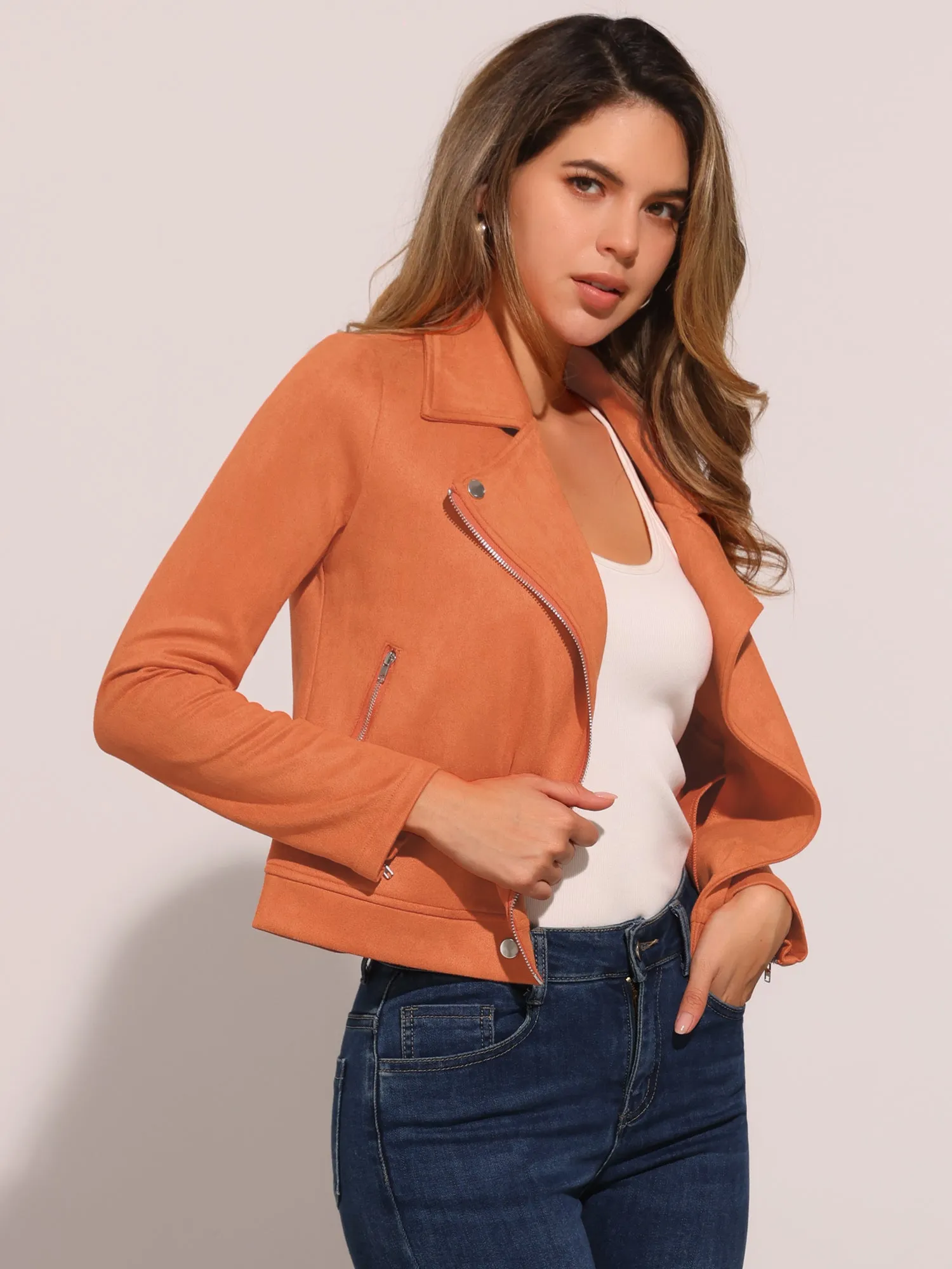 Casual Short Soft Zip Up Faux Suede Biker Moto Jacket