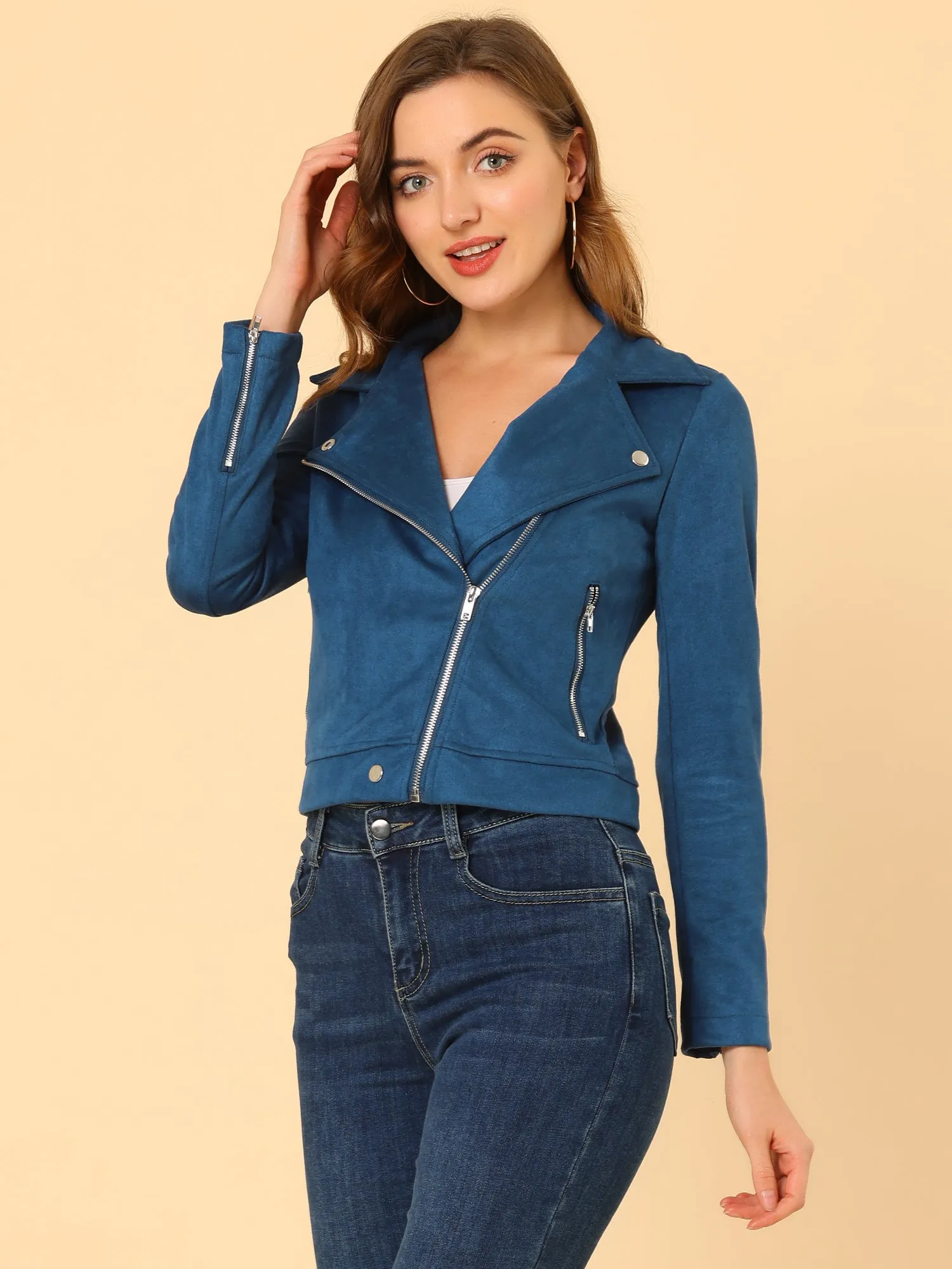 Casual Short Soft Zip Up Faux Suede Biker Moto Jacket