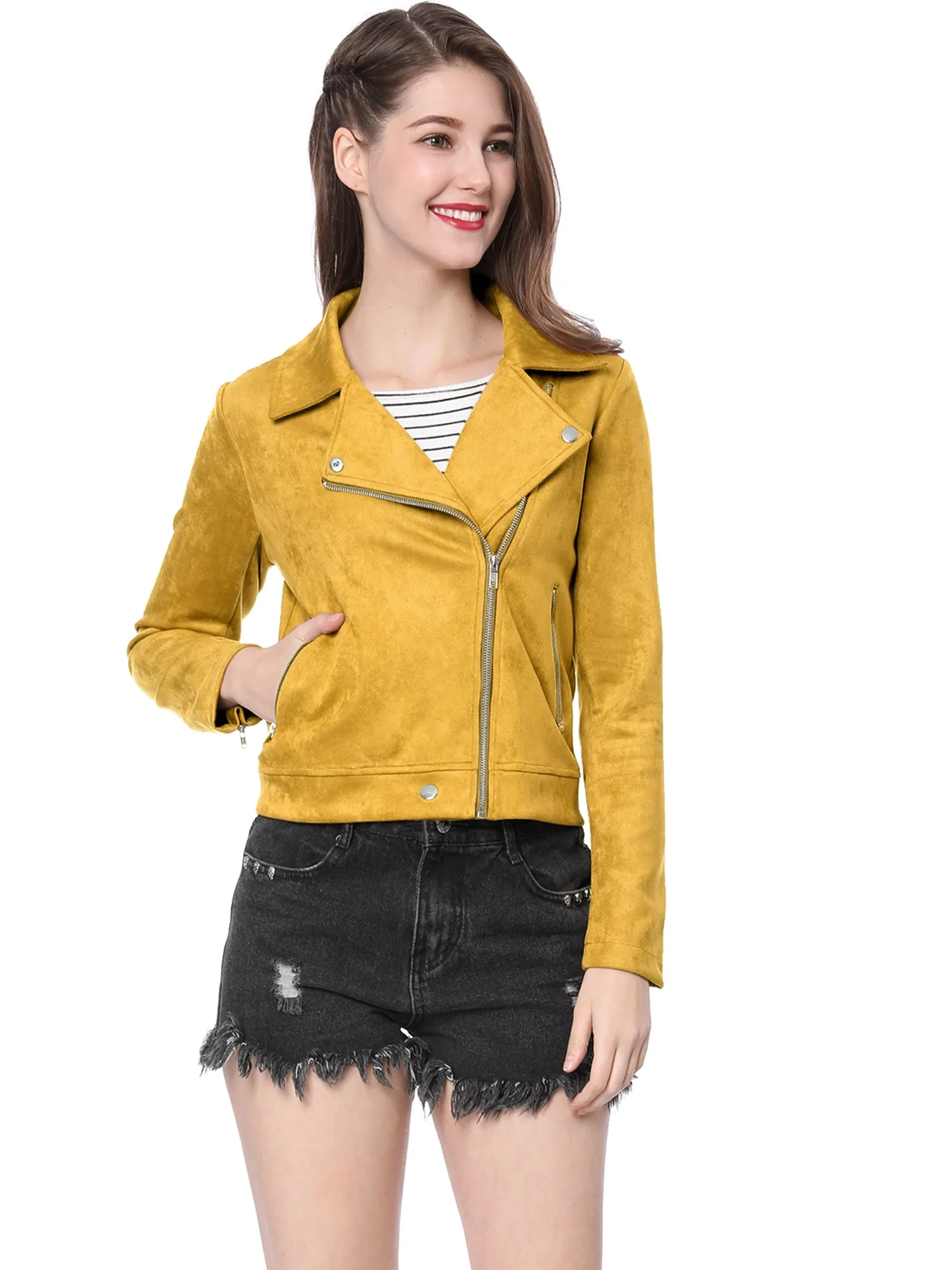 Casual Short Soft Zip Up Faux Suede Biker Moto Jacket