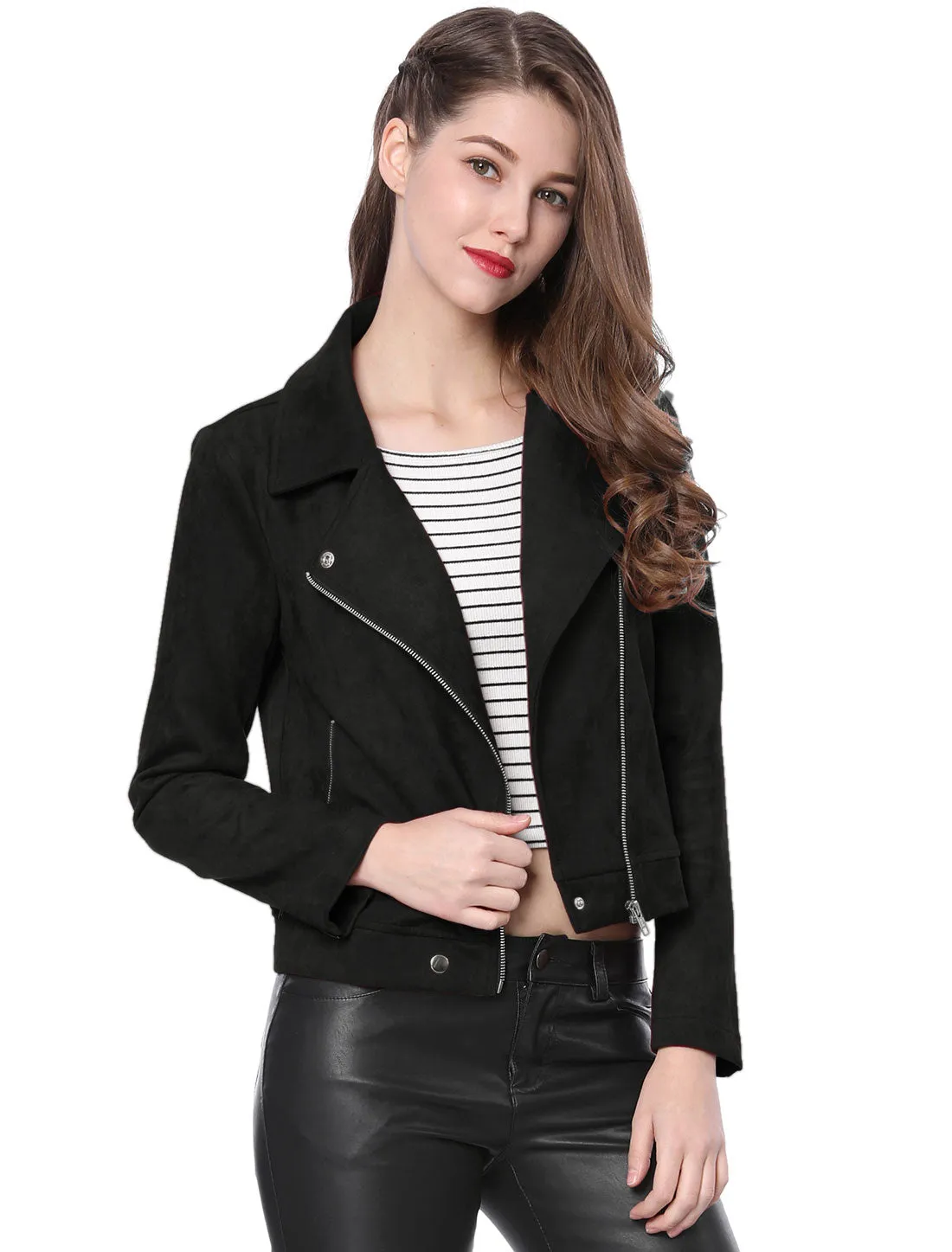 Casual Short Soft Zip Up Faux Suede Biker Moto Jacket