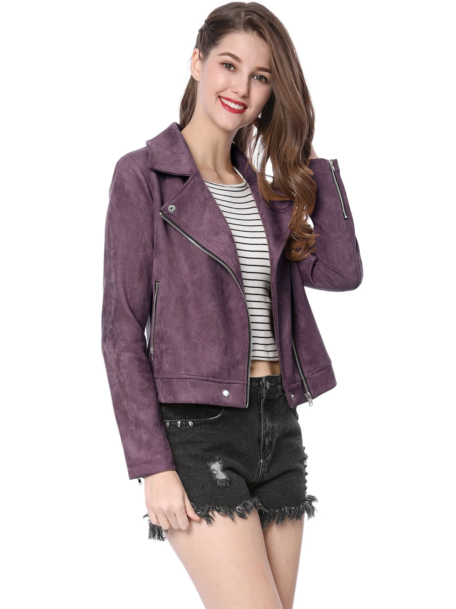 Casual Short Soft Zip Up Faux Suede Biker Moto Jacket