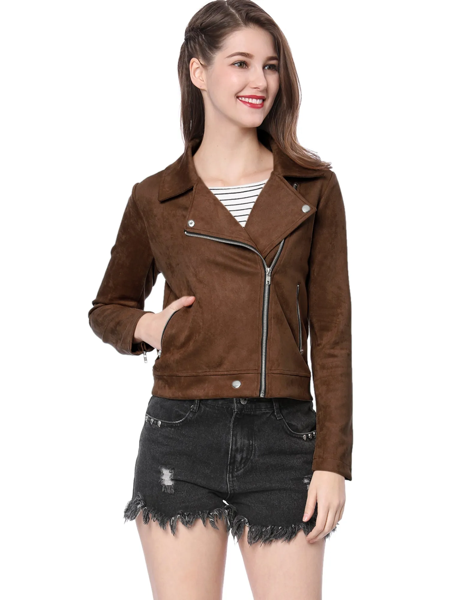 Casual Short Soft Zip Up Faux Suede Biker Moto Jacket