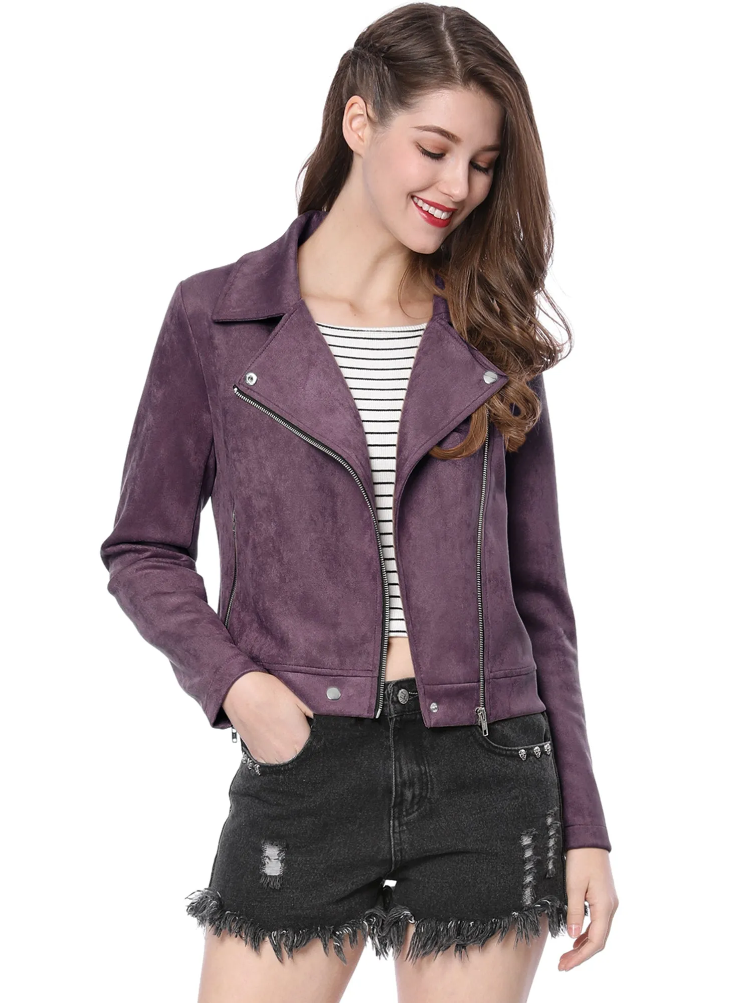 Casual Short Soft Zip Up Faux Suede Biker Moto Jacket