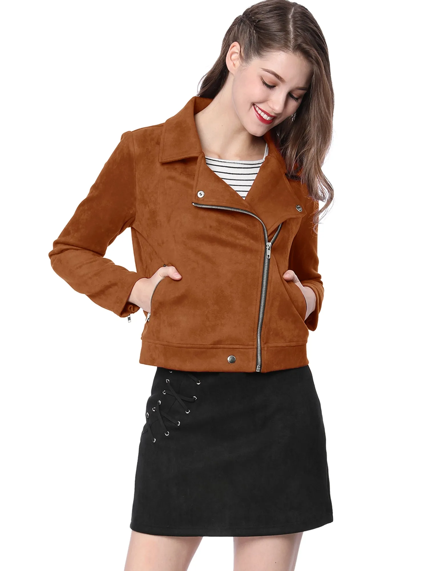 Casual Short Soft Zip Up Faux Suede Biker Moto Jacket