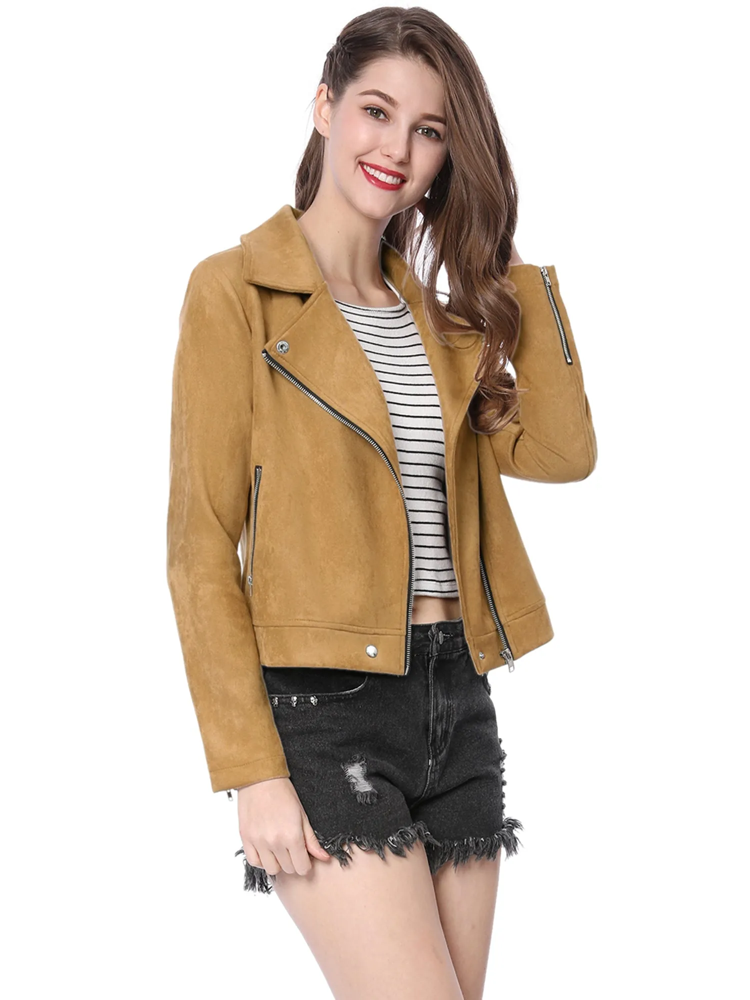 Casual Short Soft Zip Up Faux Suede Biker Moto Jacket