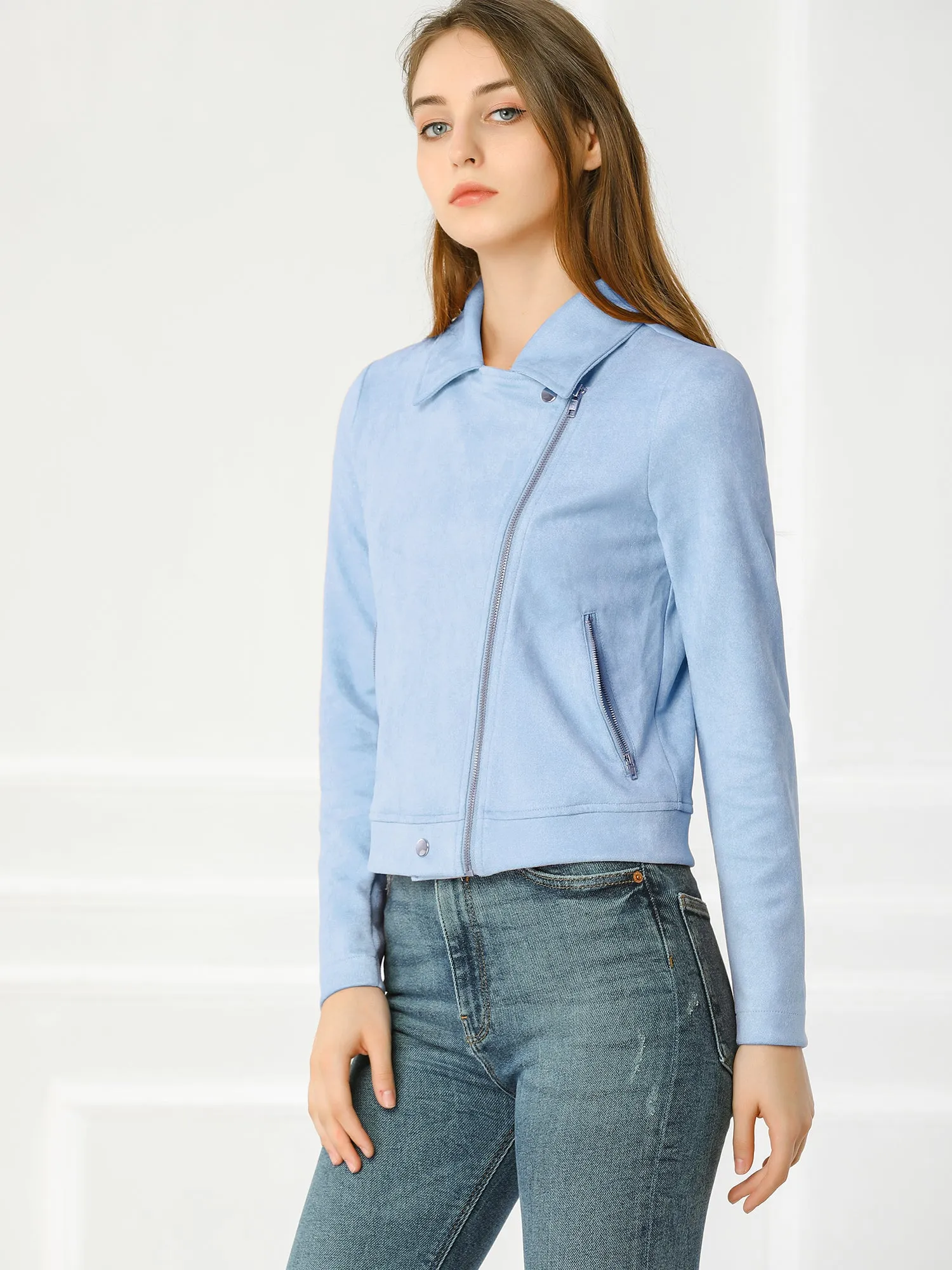 Casual Short Soft Zip Up Faux Suede Biker Moto Jacket