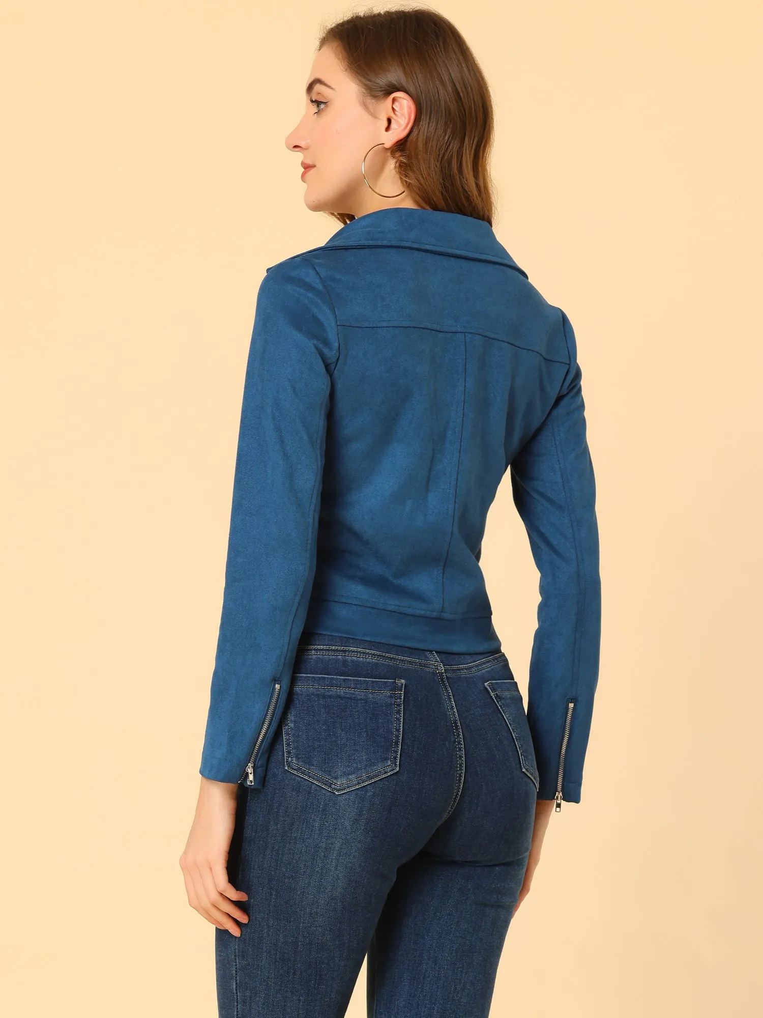 Casual Short Soft Zip Up Faux Suede Biker Moto Jacket