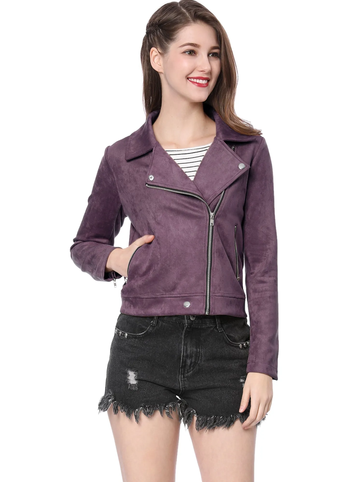 Casual Short Soft Zip Up Faux Suede Biker Moto Jacket