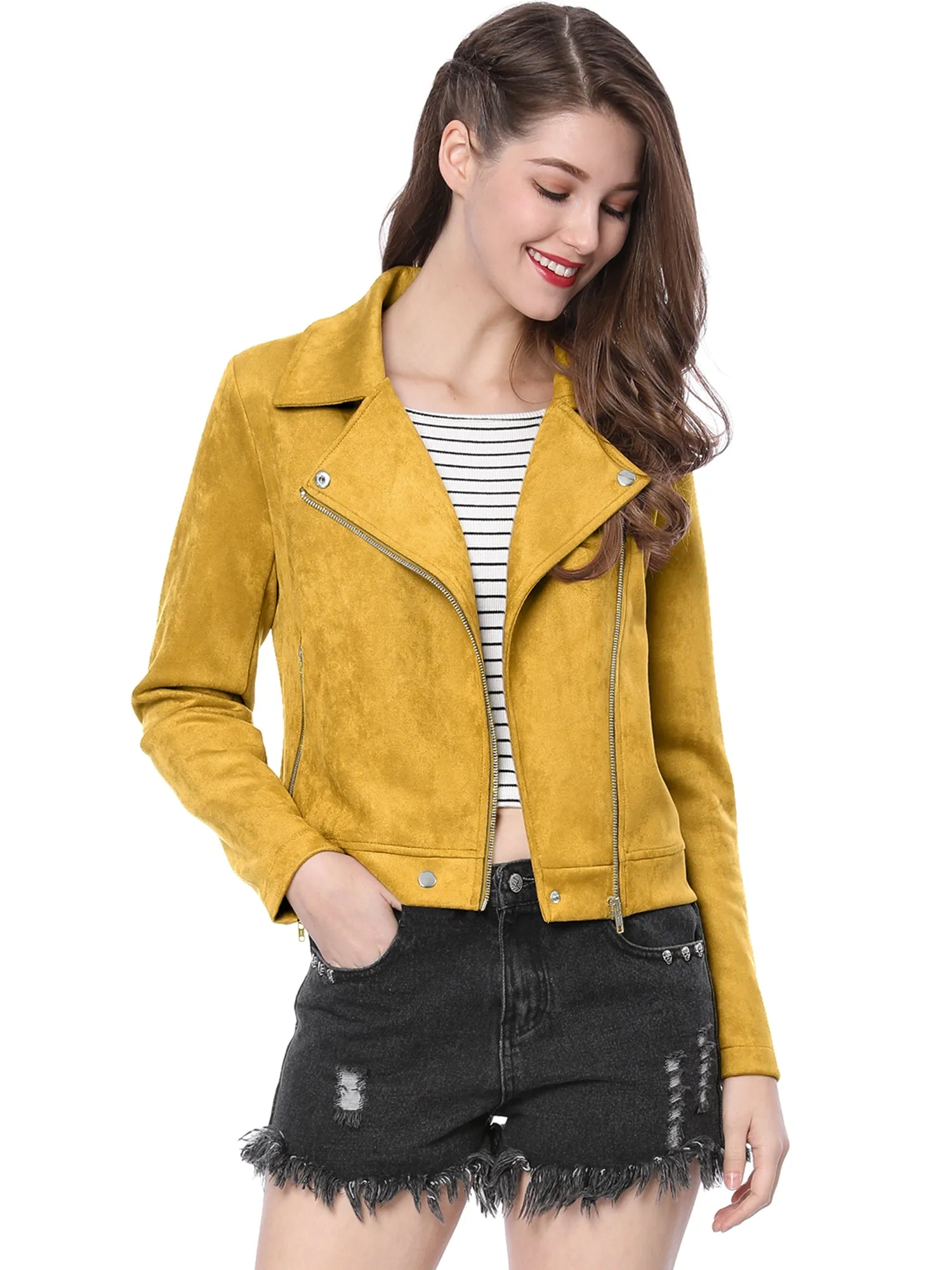 Casual Short Soft Zip Up Faux Suede Biker Moto Jacket
