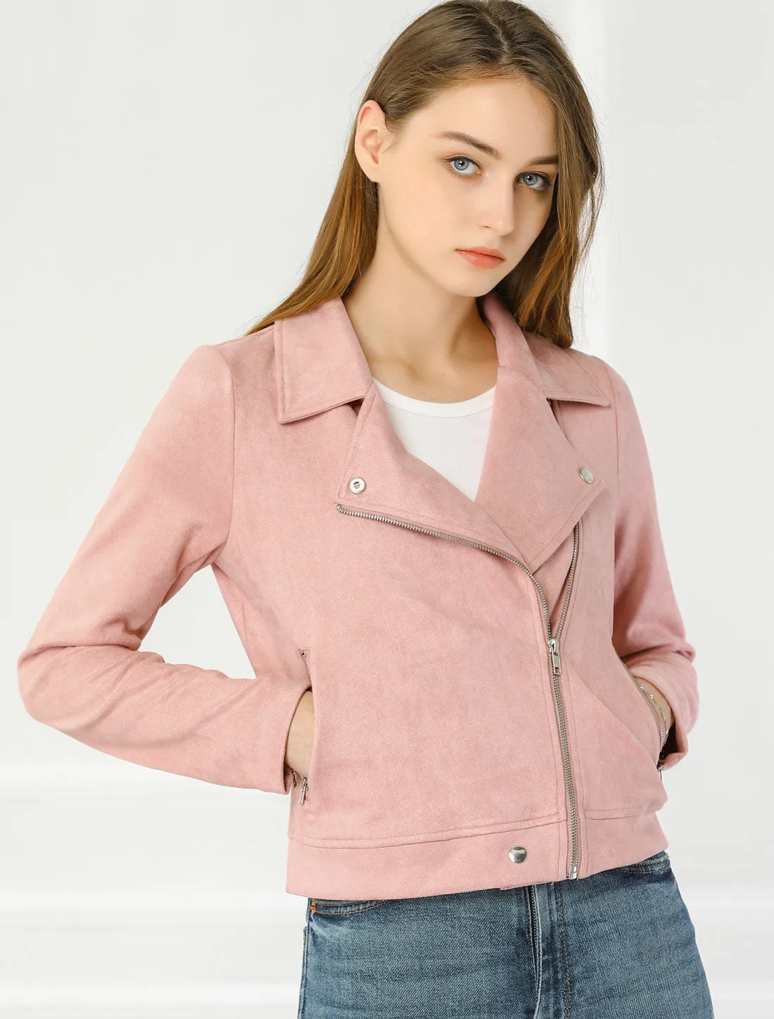 Casual Short Soft Zip Up Faux Suede Biker Moto Jacket