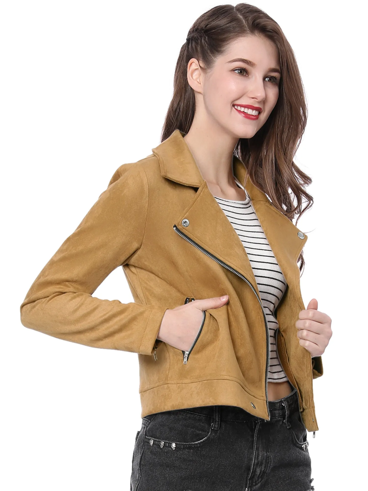 Casual Short Soft Zip Up Faux Suede Biker Moto Jacket