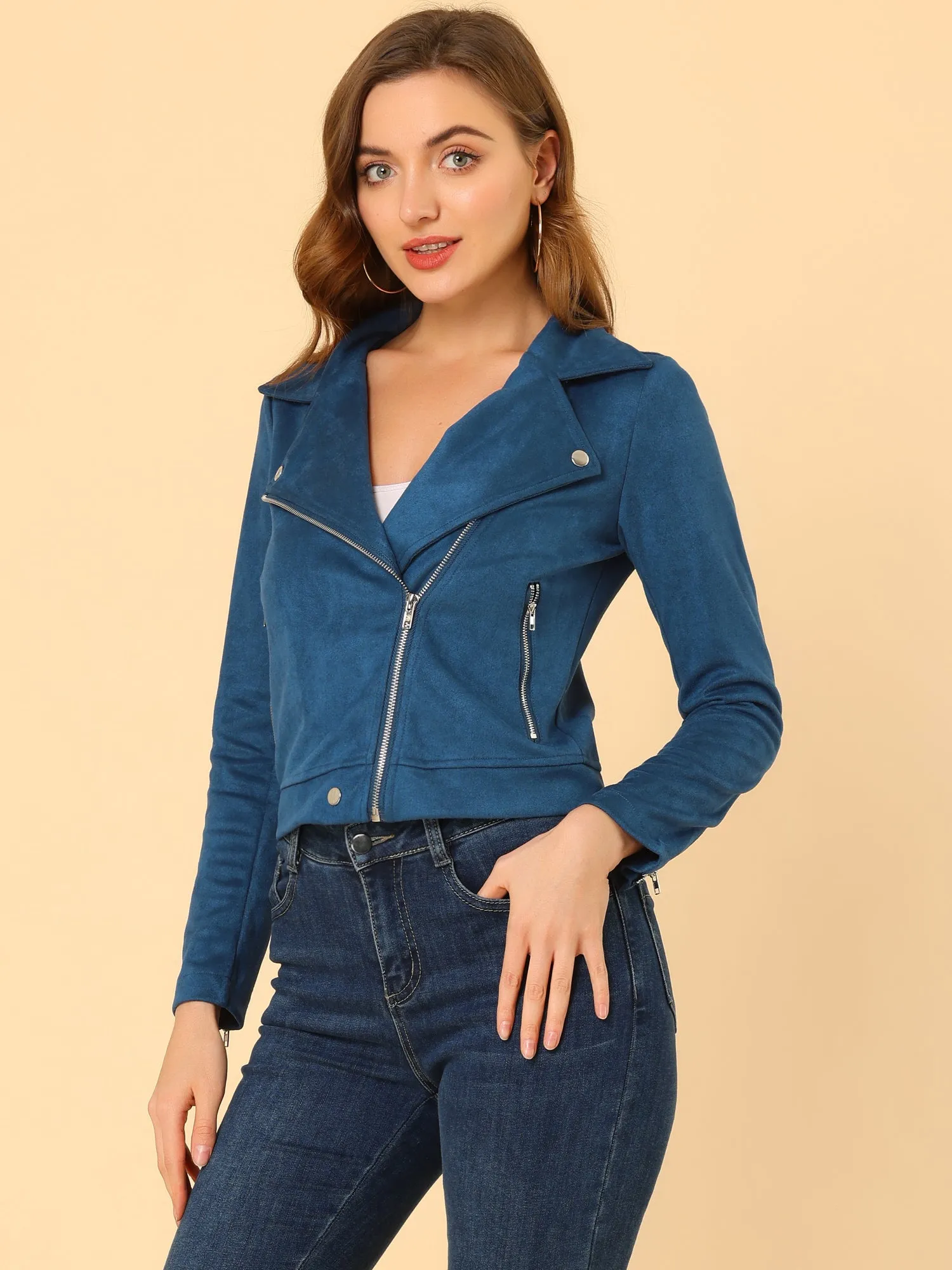 Casual Short Soft Zip Up Faux Suede Biker Moto Jacket