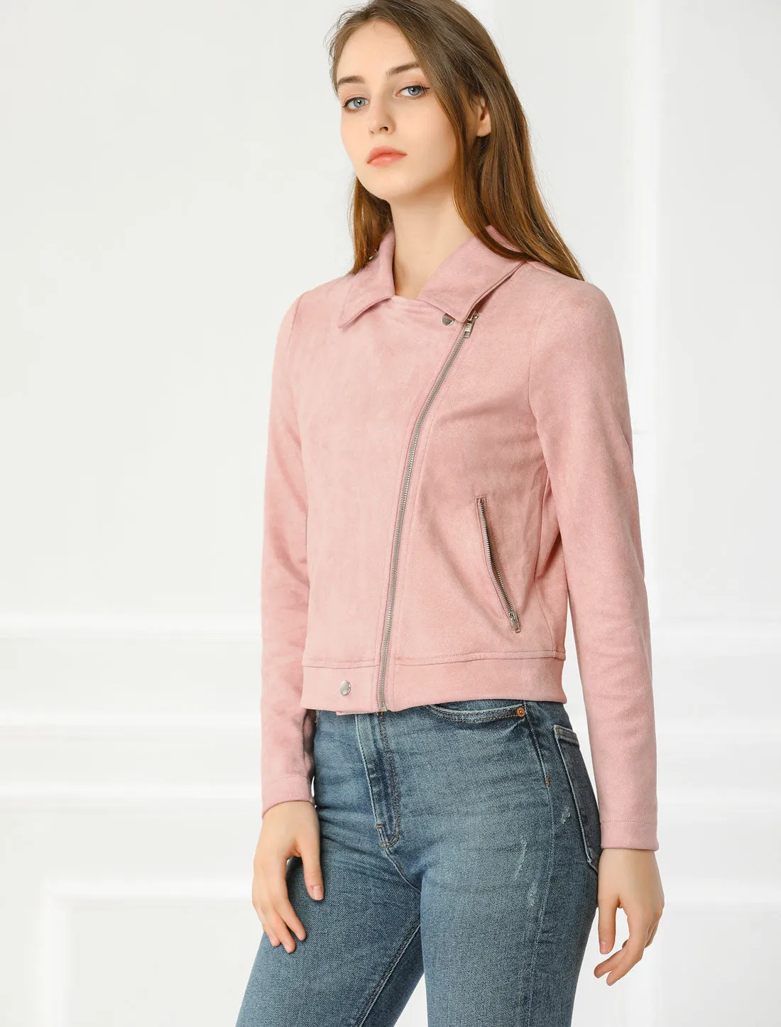 Casual Short Soft Zip Up Faux Suede Biker Moto Jacket