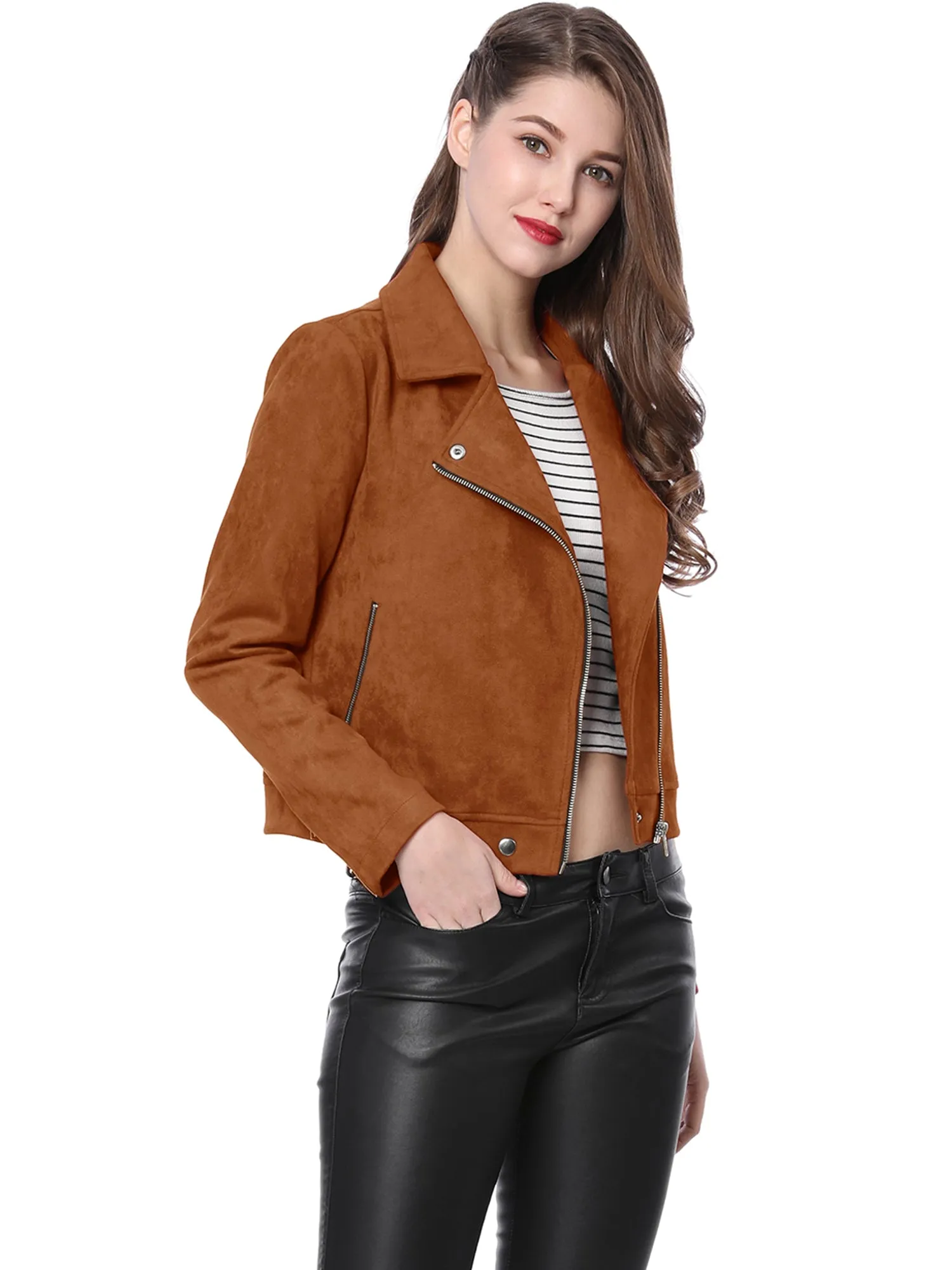 Casual Short Soft Zip Up Faux Suede Biker Moto Jacket