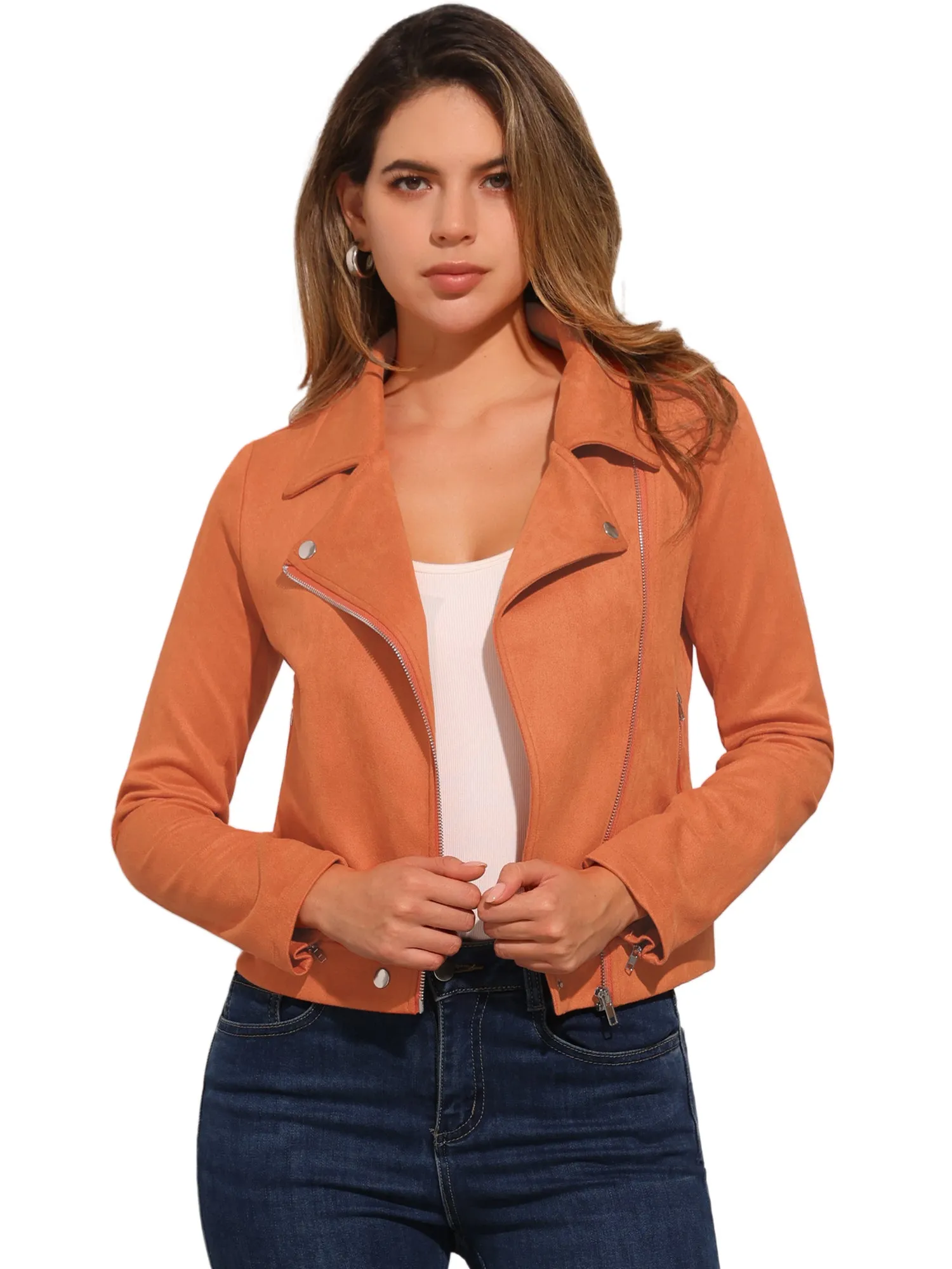 Casual Short Soft Zip Up Faux Suede Biker Moto Jacket
