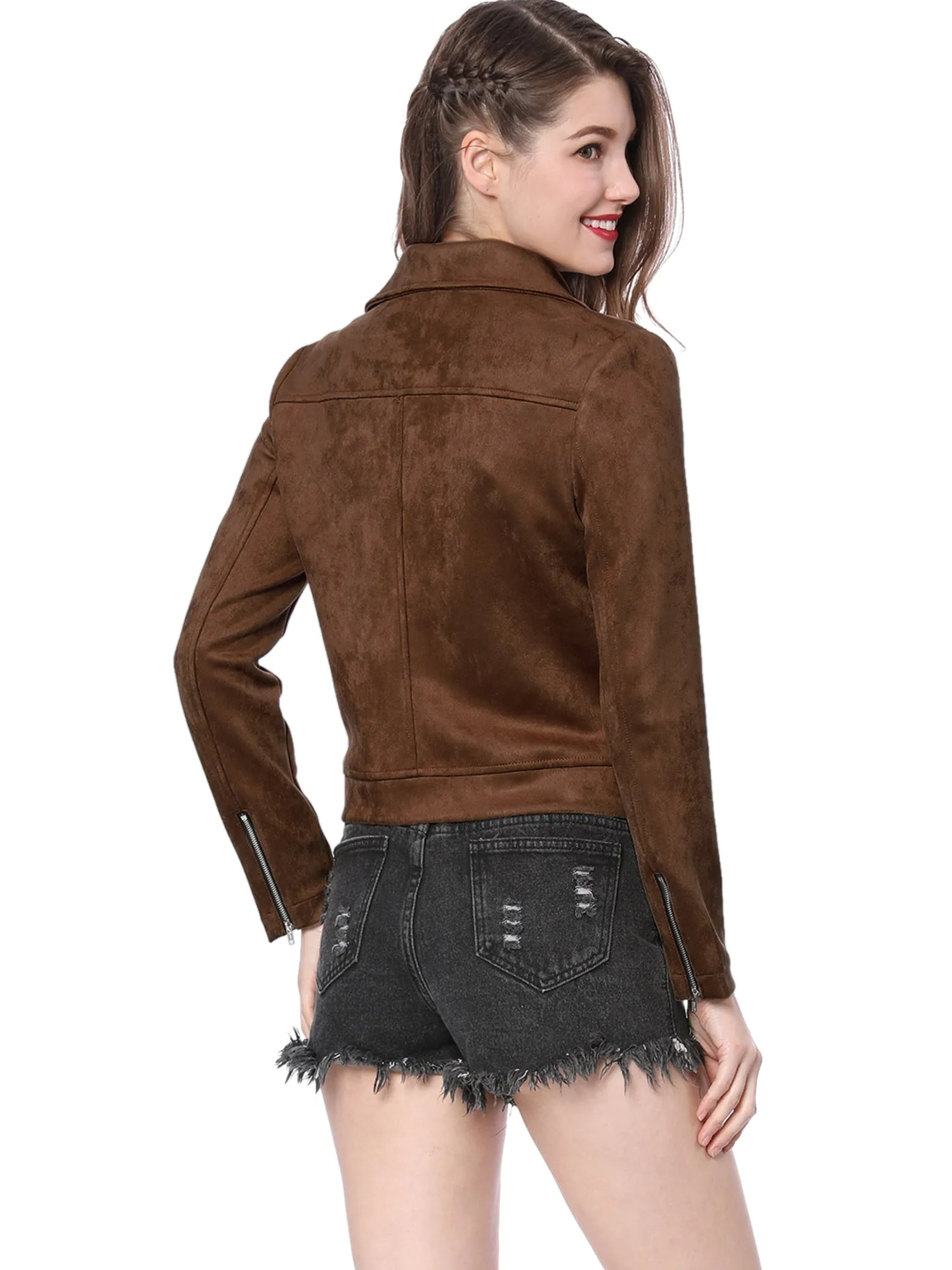 Casual Short Soft Zip Up Faux Suede Biker Moto Jacket