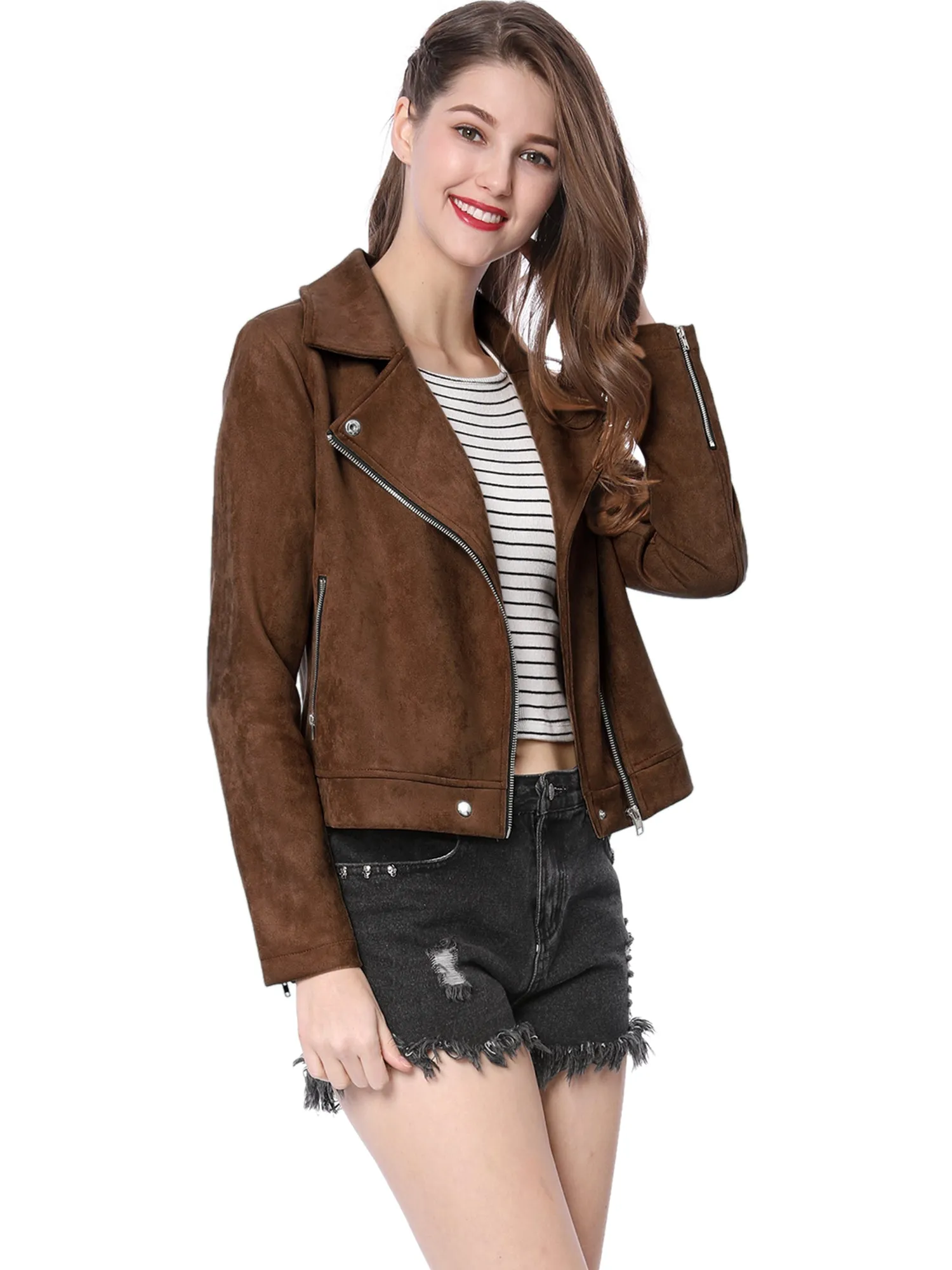 Casual Short Soft Zip Up Faux Suede Biker Moto Jacket