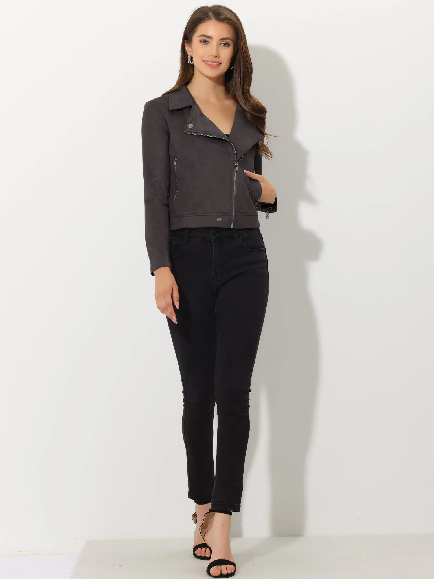 Casual Short Soft Zip Up Faux Suede Biker Moto Jacket
