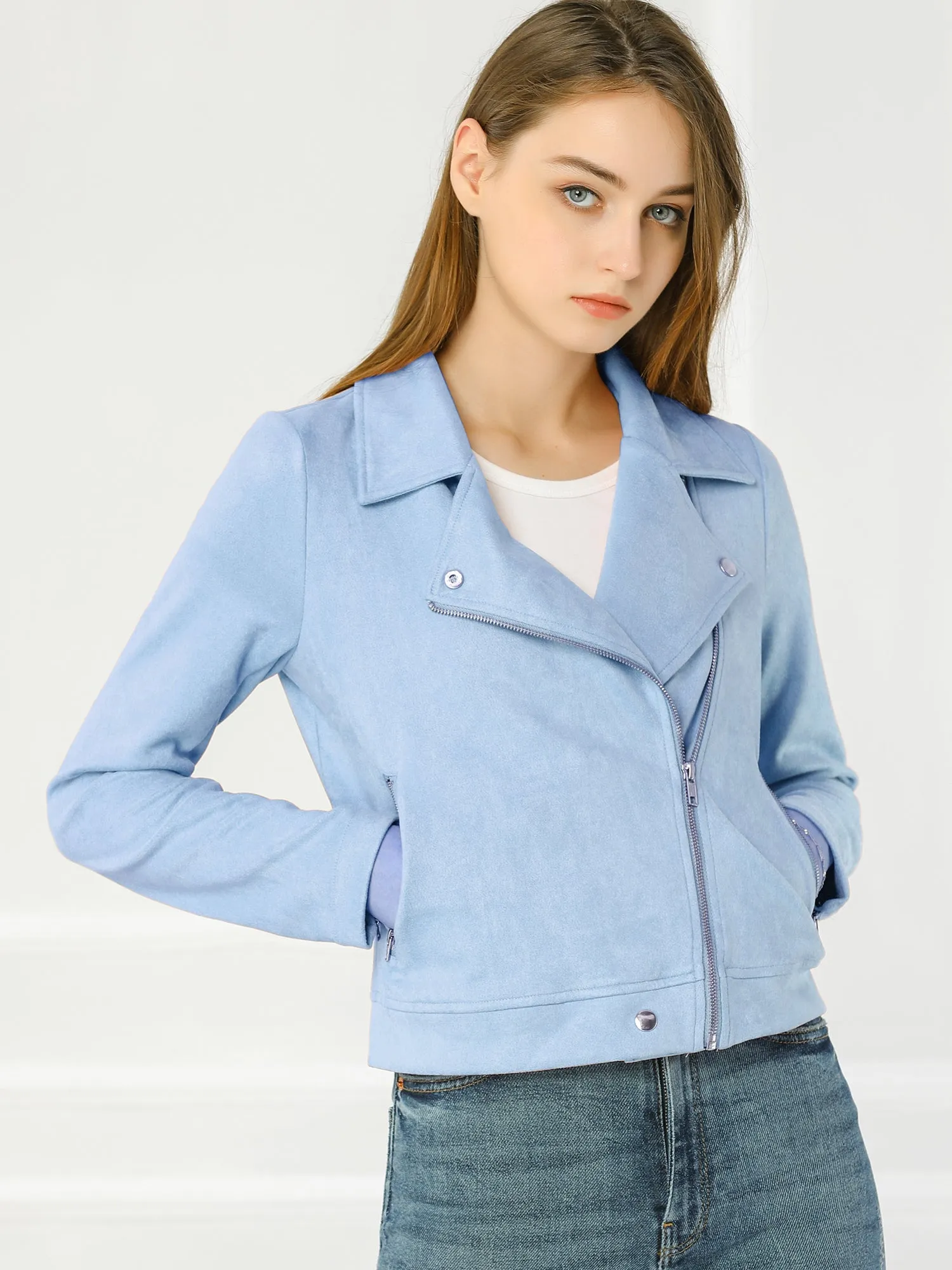 Casual Short Soft Zip Up Faux Suede Biker Moto Jacket